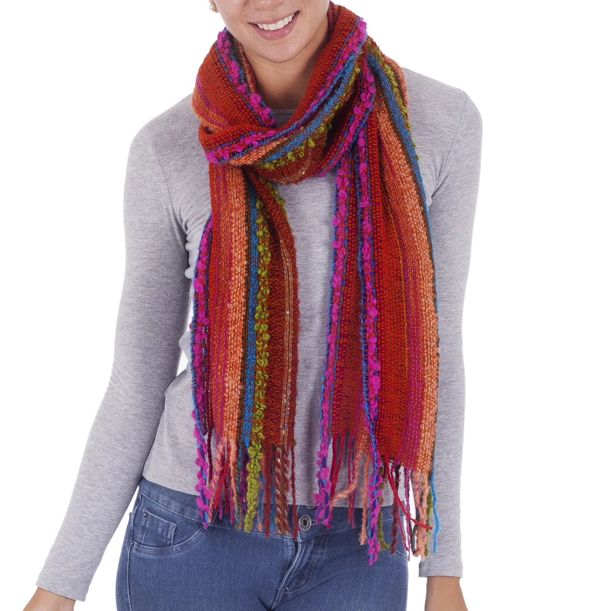 Bohemian Rainbow Hand Woven Alpaca Blend Striped Multicolored Scarf from Peru - Image 2