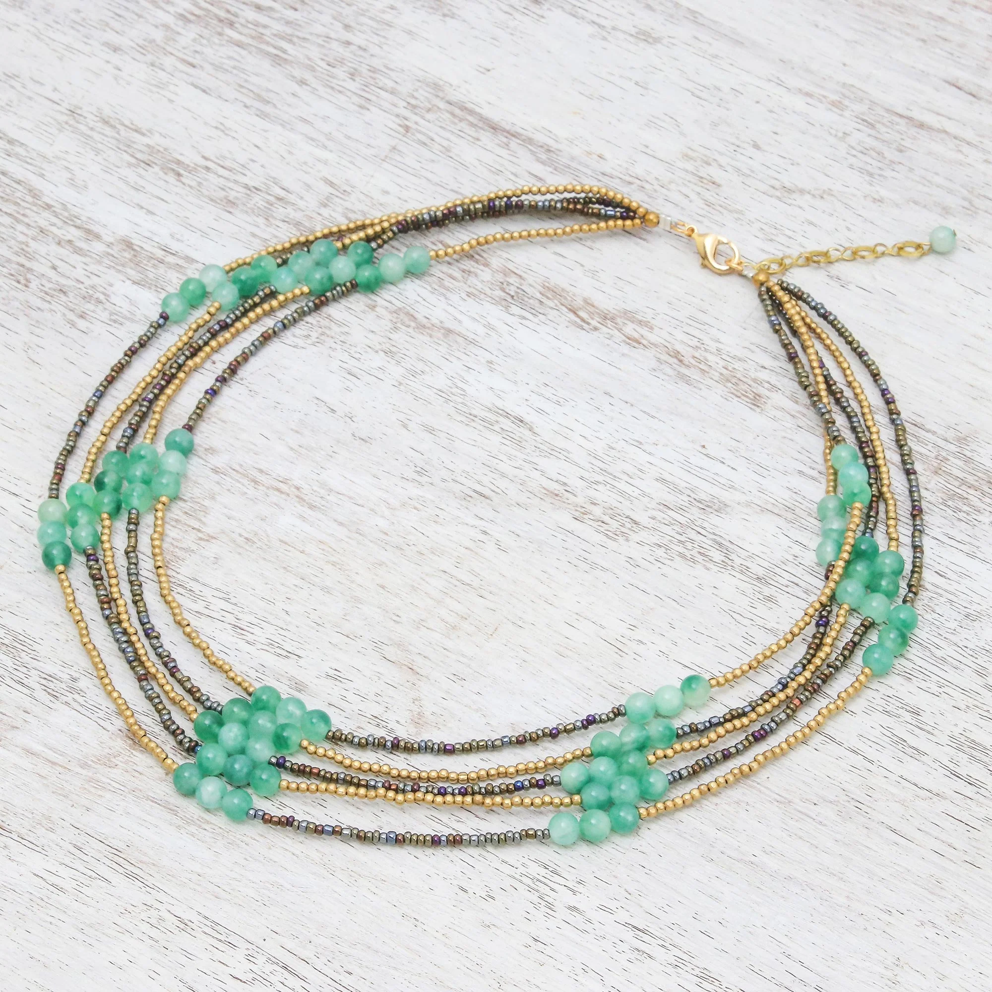 Boho Elegance in Green Green Quartz Beaded Strand Necklace from Thailand - Image 5