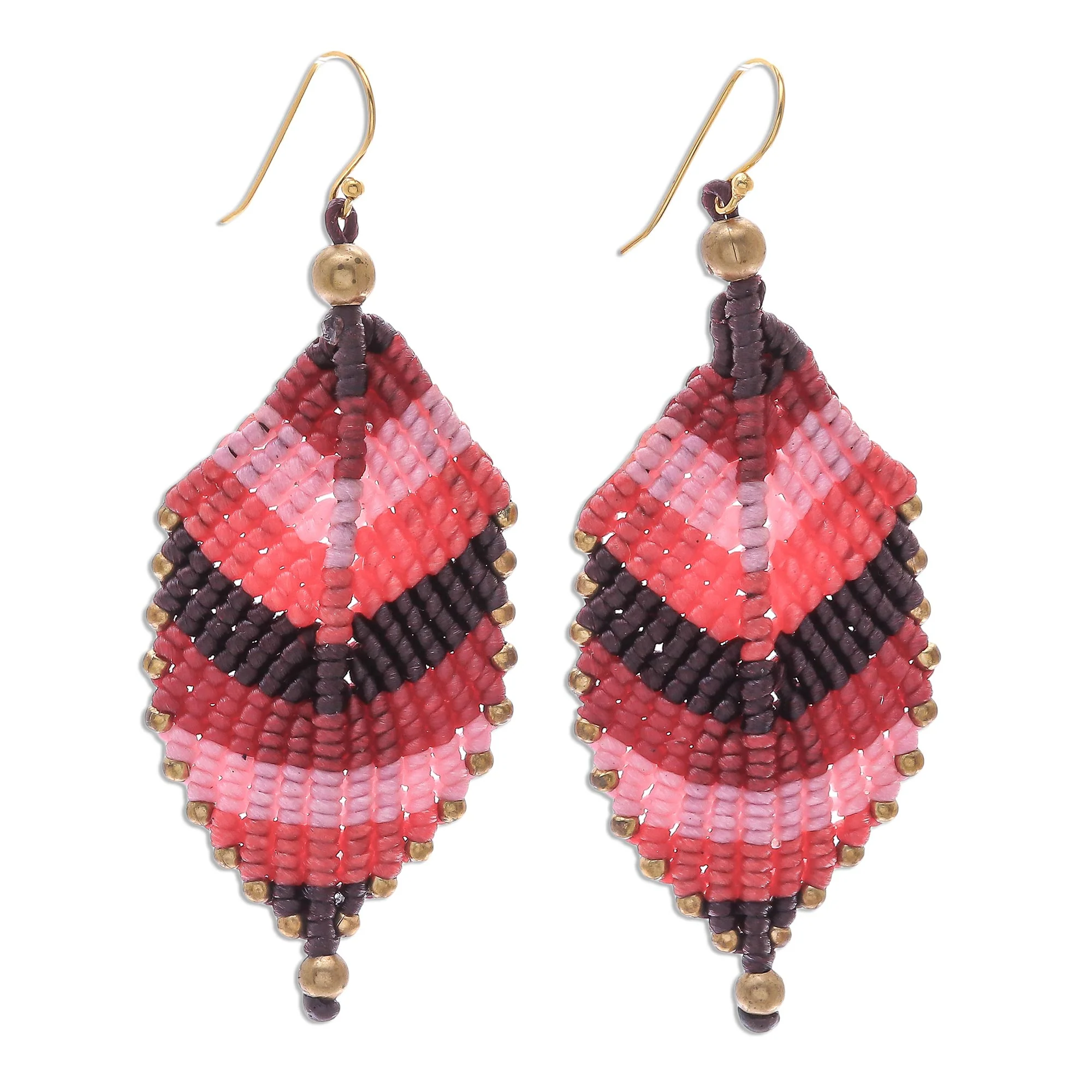 Boho Leaves in Pink Pink Leaf Waxed Cord Macrame Dangle Earrings - Image 2