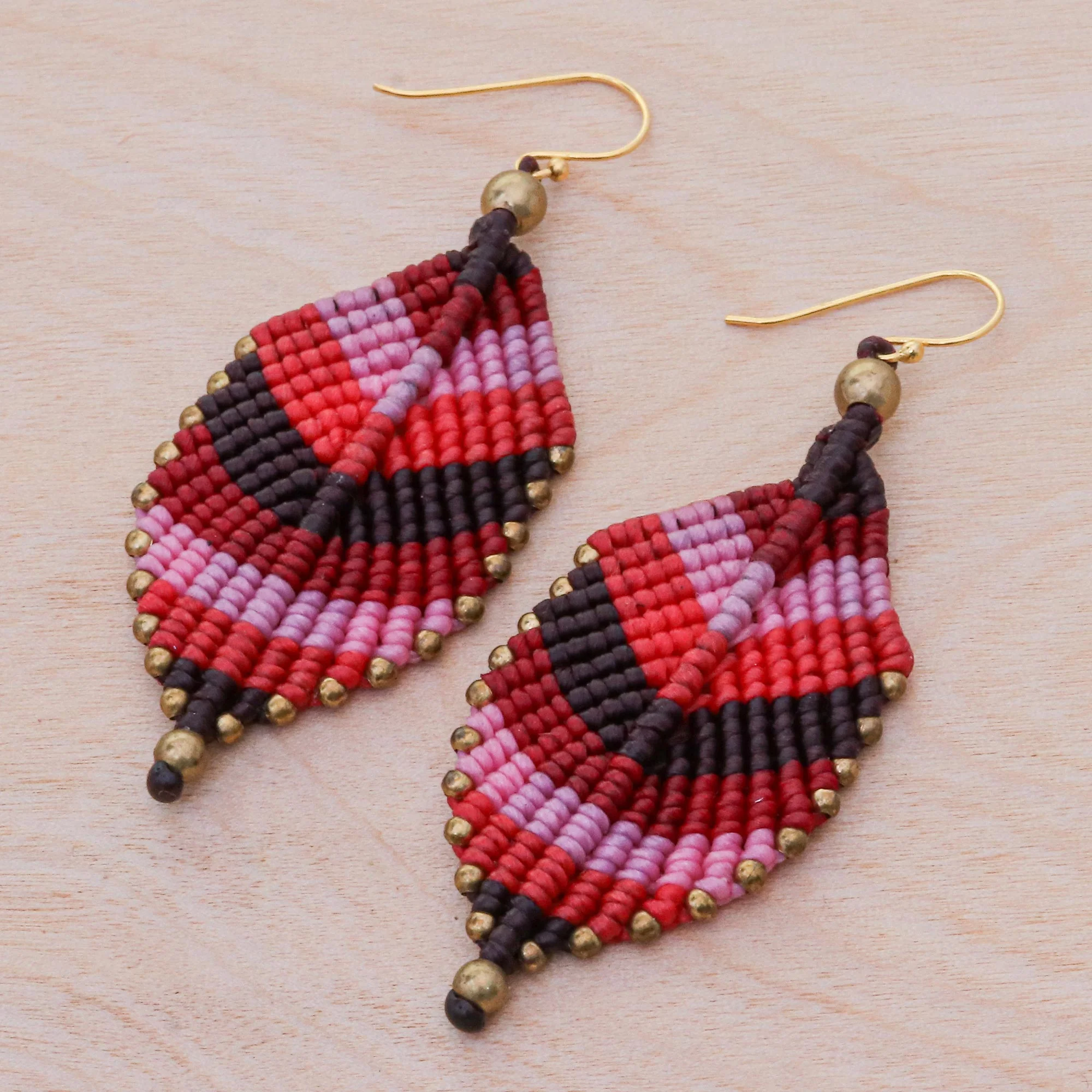 Boho Leaves in Pink Pink Leaf Waxed Cord Macrame Dangle Earrings - Image 3