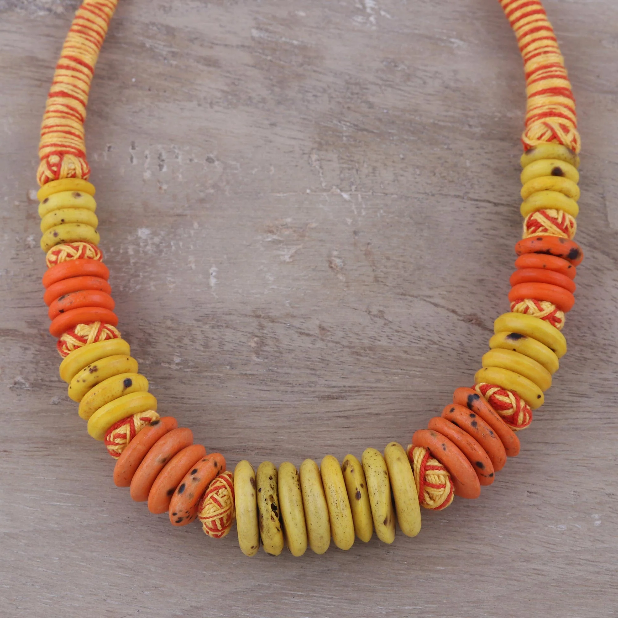 Boho Sunset Yellow and Orange Beaded Bone Necklace from India - Image 3