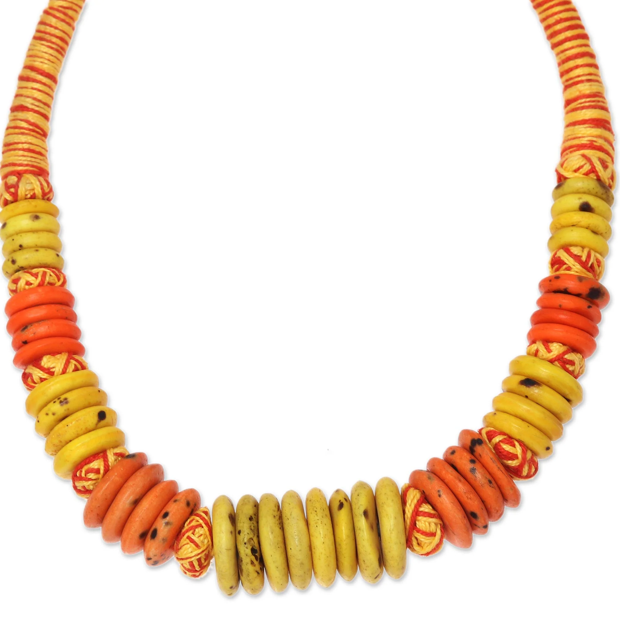 Boho Sunset Yellow and Orange Beaded Bone Necklace from India - Image 4