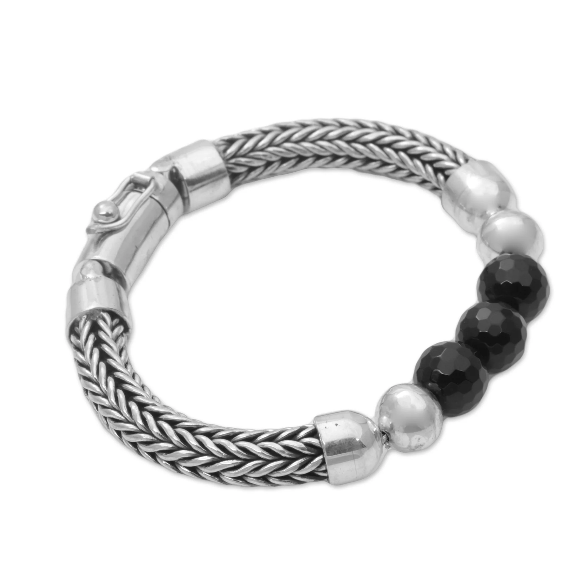 Bold Elegance Onyx and Sterling Silver Beaded Chain Bracelet from Bali - Image 2