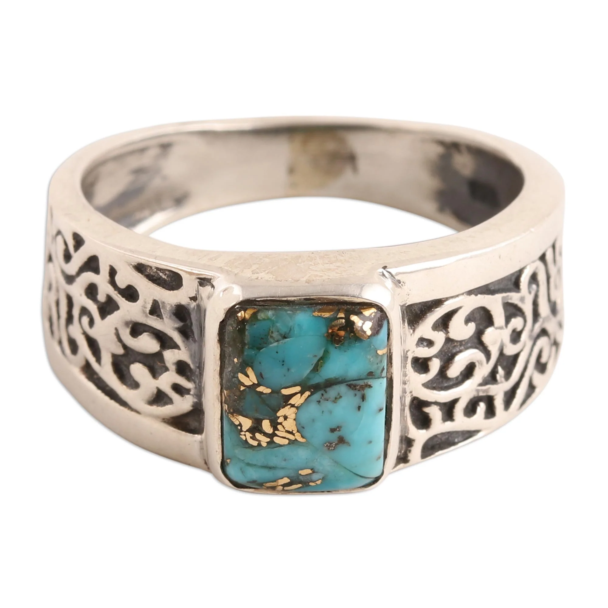 Bold Vine Men's Composite Turquoise Sterling Silver Band Ring - Image 2