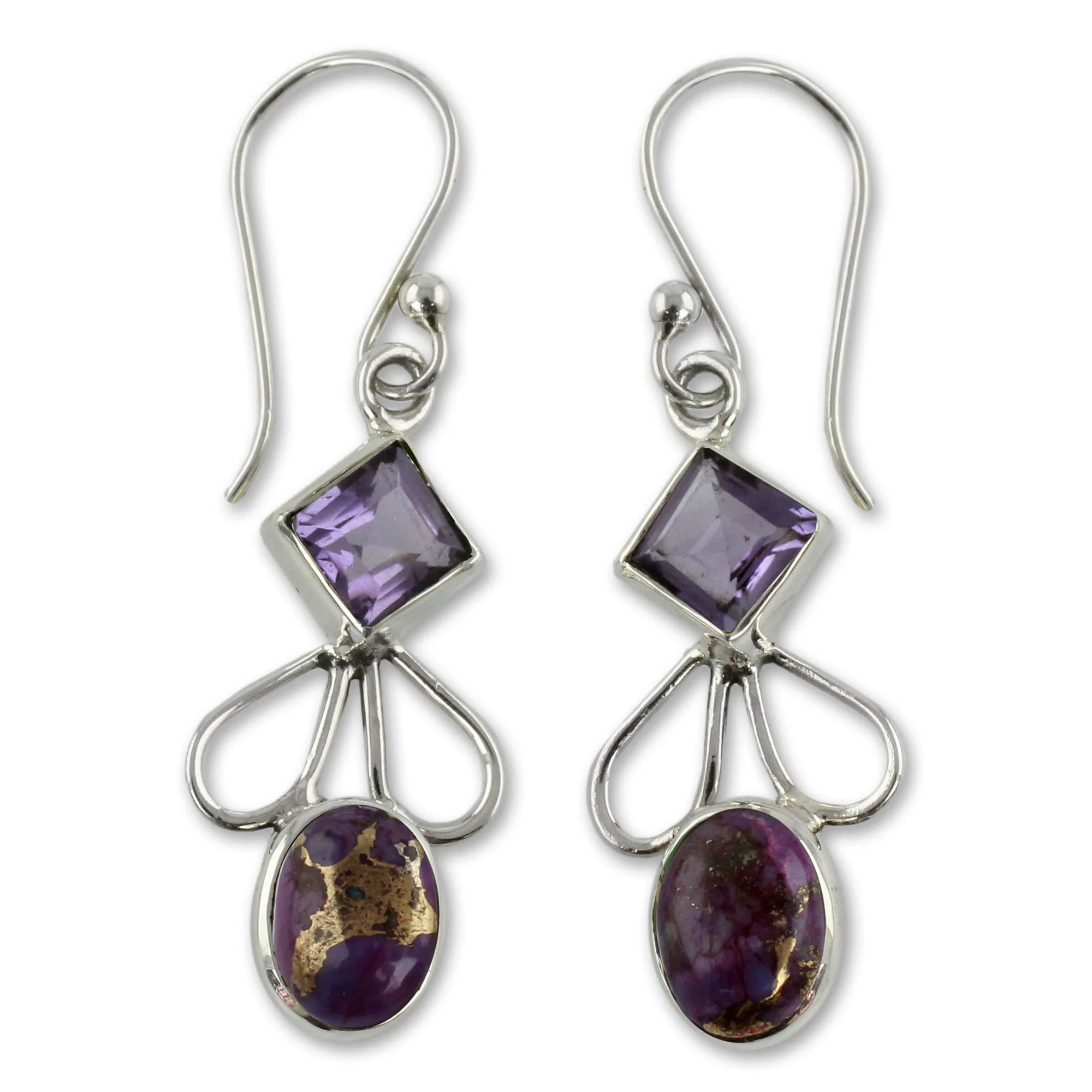 Bollywood Purple Amethyst Comp Turquoise and Silver Artisan Crafted Earrings - Image 2