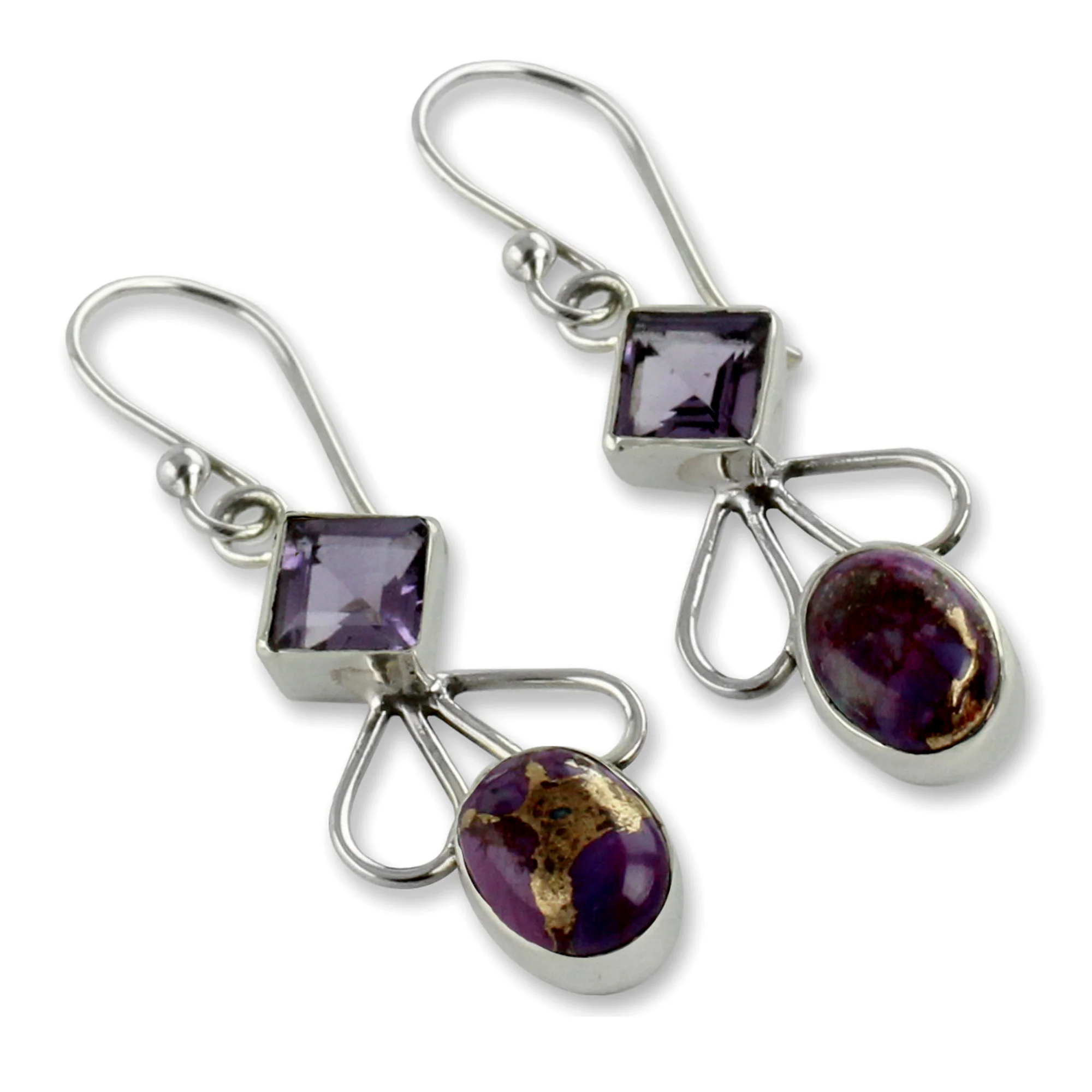 Bollywood Purple Amethyst Comp Turquoise and Silver Artisan Crafted Earrings - Image 3
