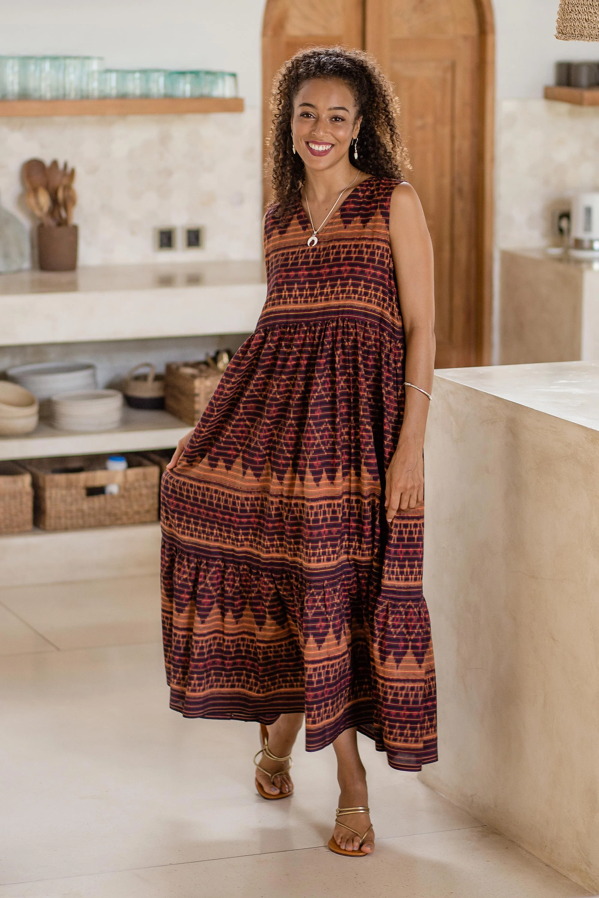Borobudur Hand-Woven Cotton Maxi Dress with Ikat Motif - Image 3