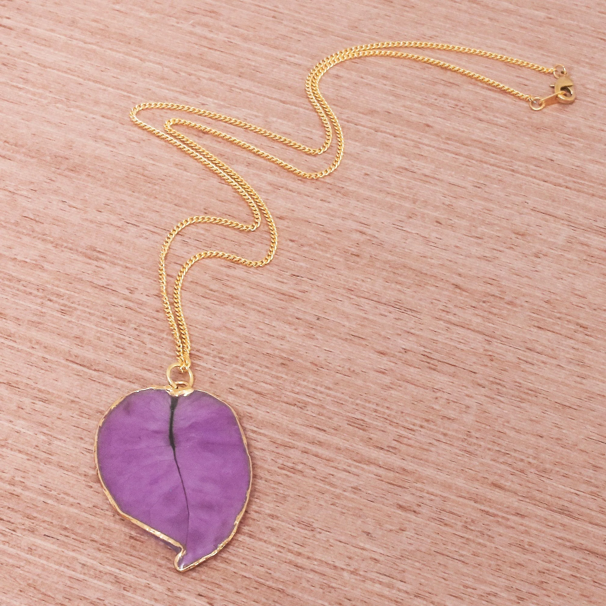 Bougainvillea Love in Purple Gold Accented Natural Flower Pendant Necklace in Purple - Image 5