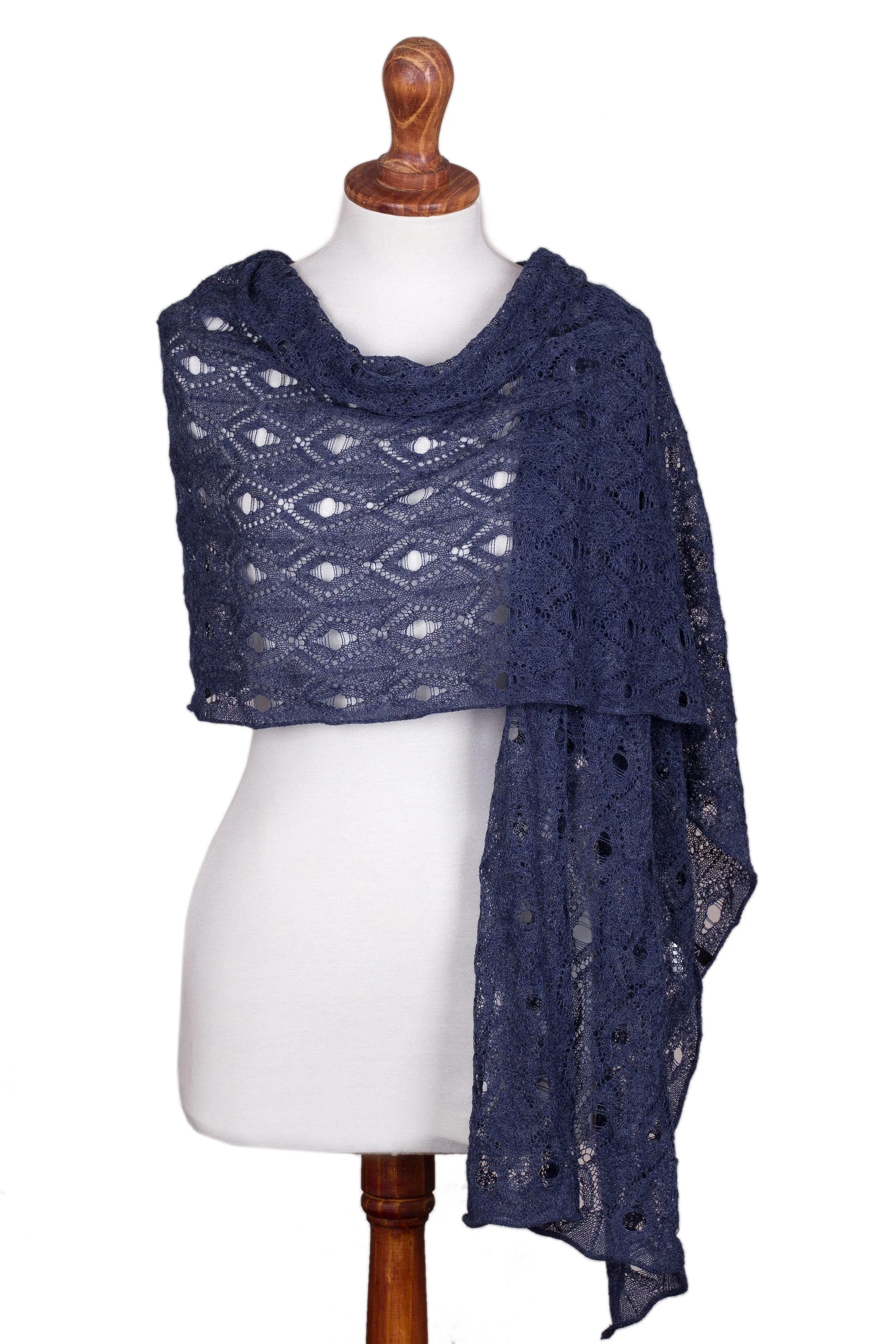 Breezy Skies in Blue 100% Alpaca Crocheted Shawl in Blue from Peru - Image 2