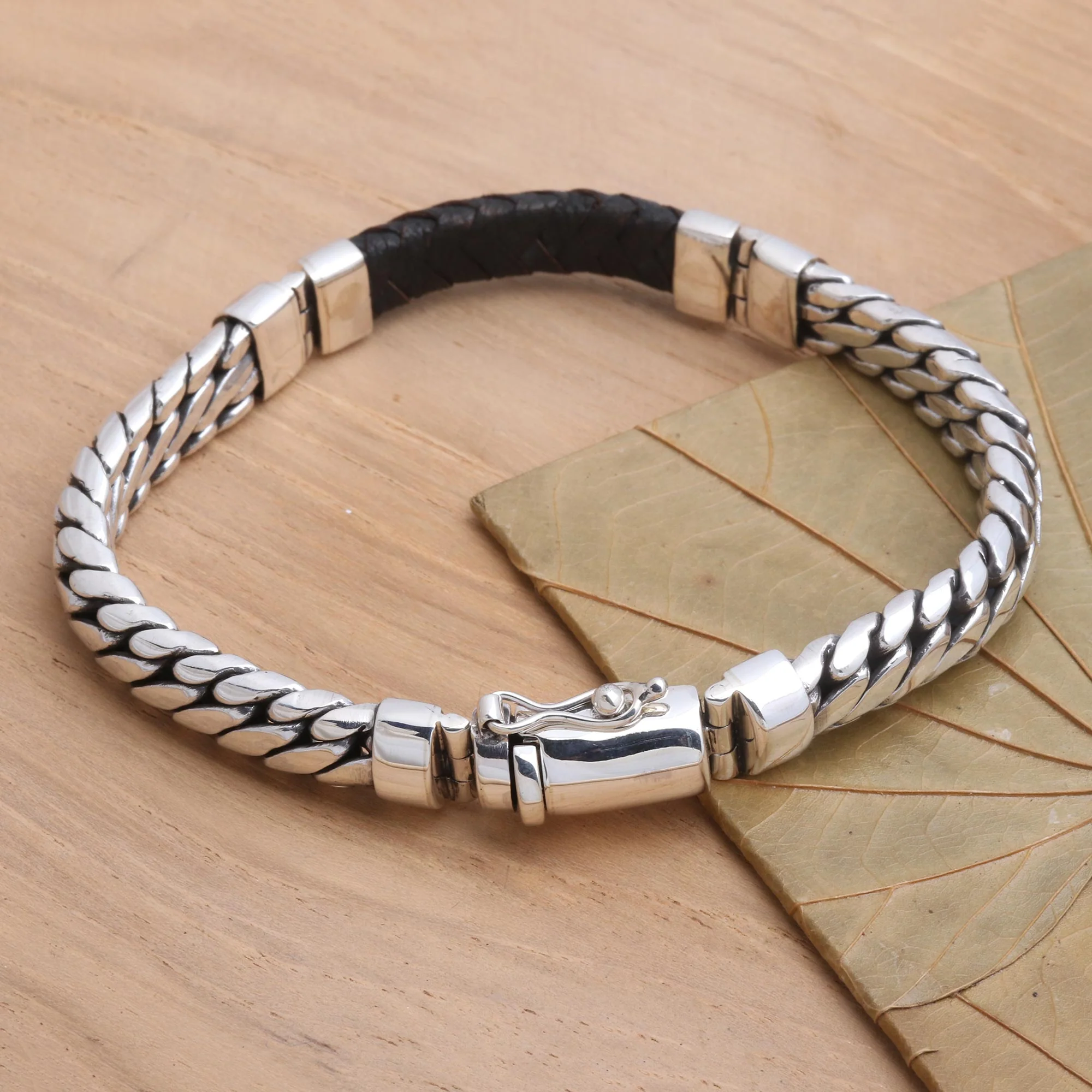 Bridge in Black Polished Sterling Silver and Leather Men's Bracelet - Image 3