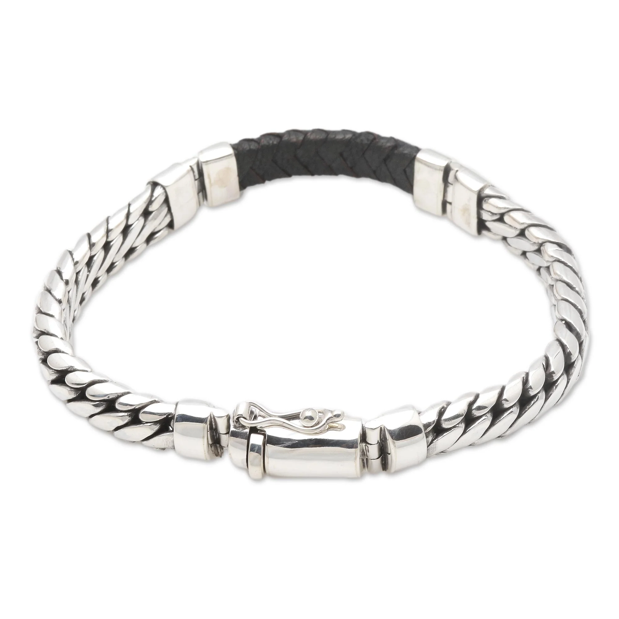 Bridge in Black Polished Sterling Silver and Leather Men's Bracelet - Image 5
