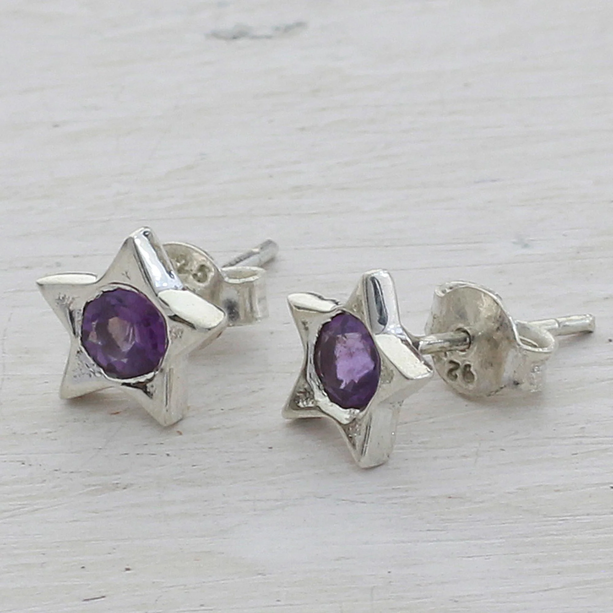 Bright Star Star Shaped Amethyst and Sterling Silver Stud Earrings - Image 3
