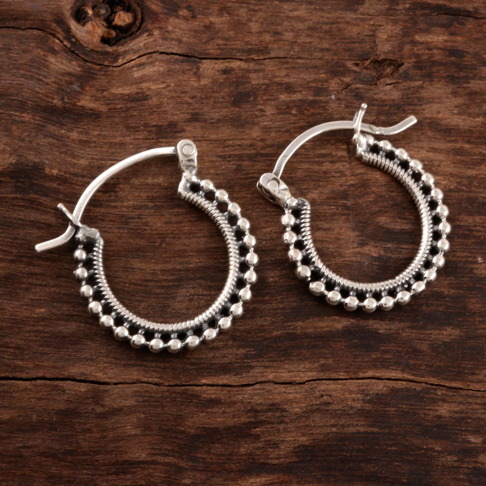 Brightly Shining Beaded Sterling Silver Hoops from India - Image 3