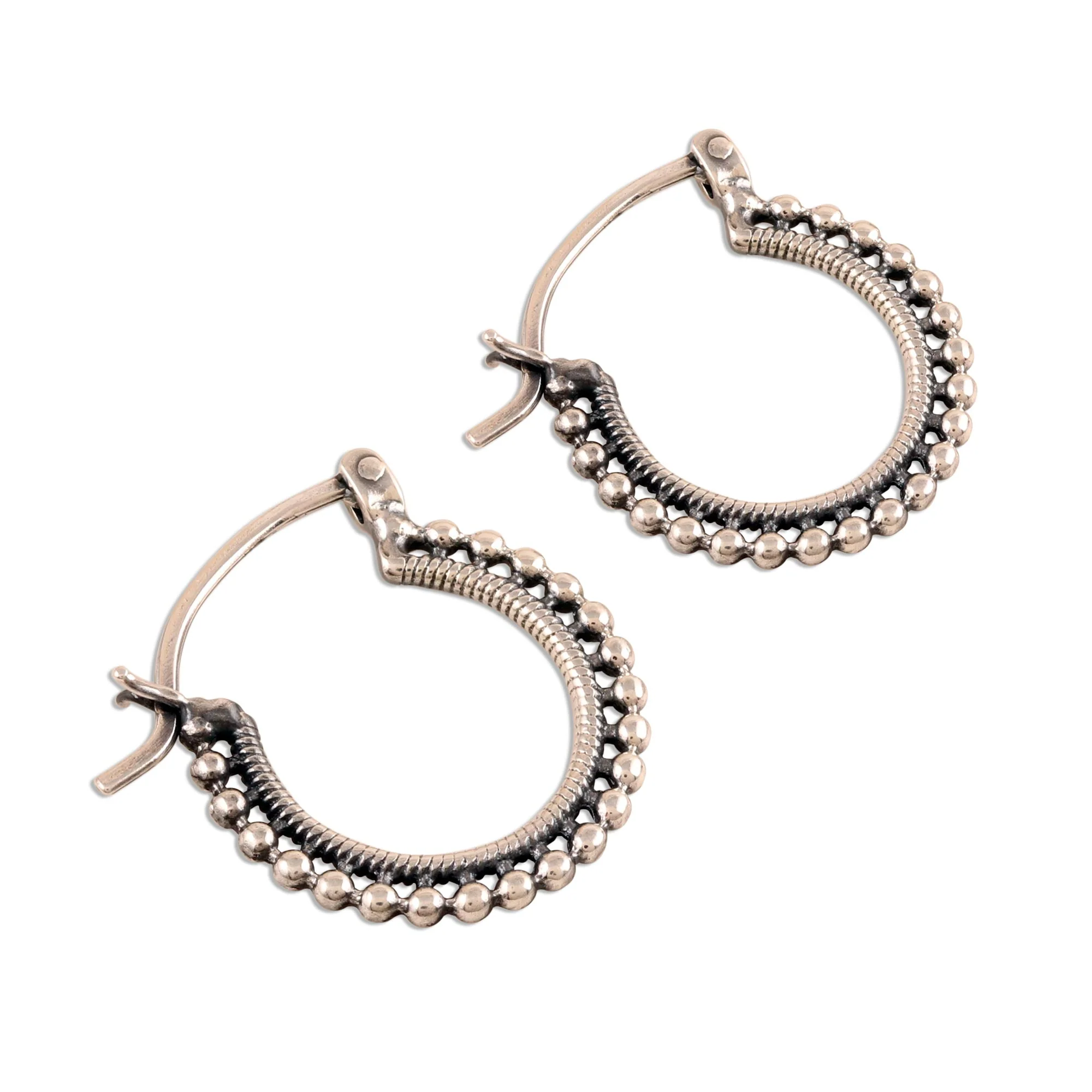 Brightly Shining Beaded Sterling Silver Hoops from India - Image 4