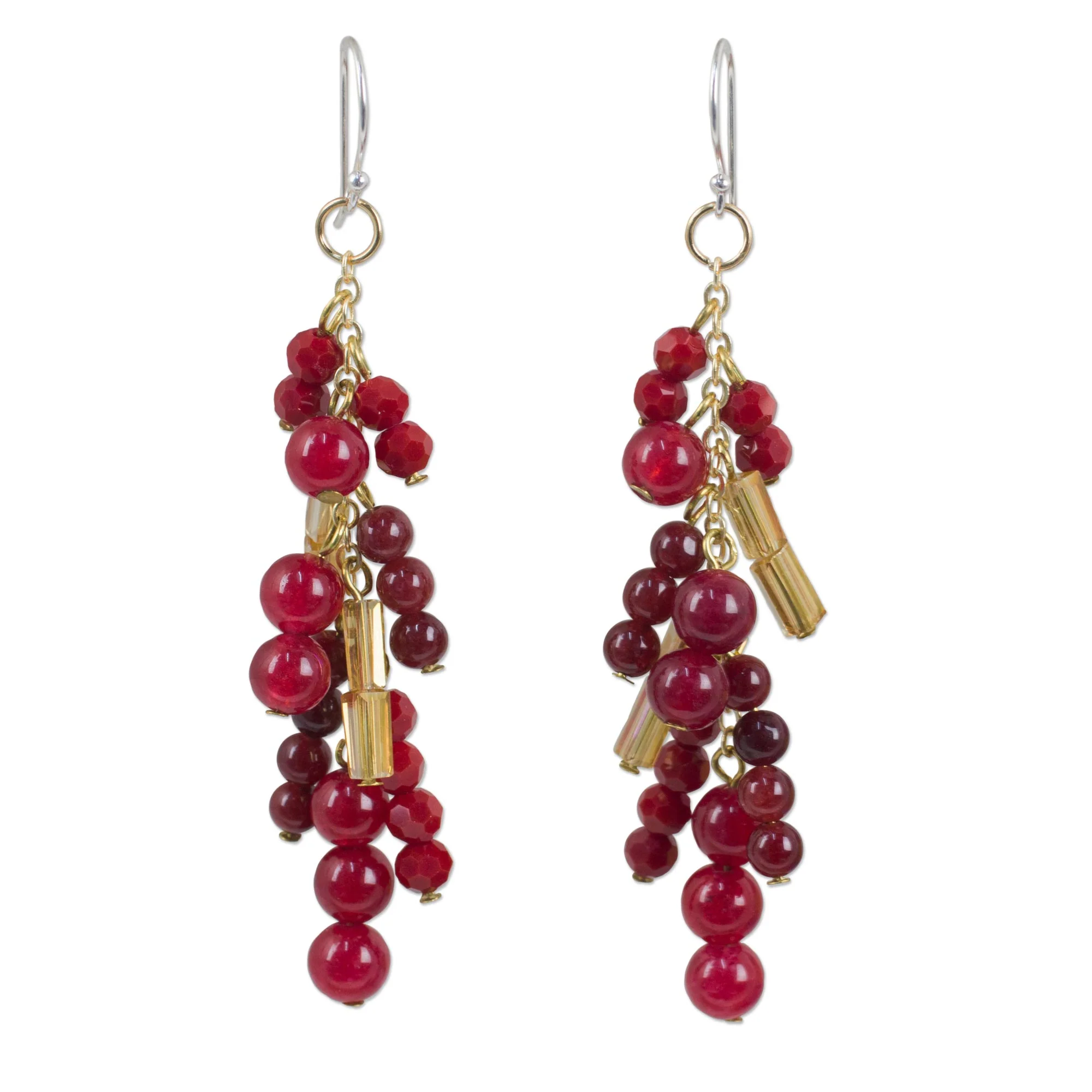 Brilliant Cascade Beaded Red Quartz Earrings on 24k Gold Plated Chains - Image 2