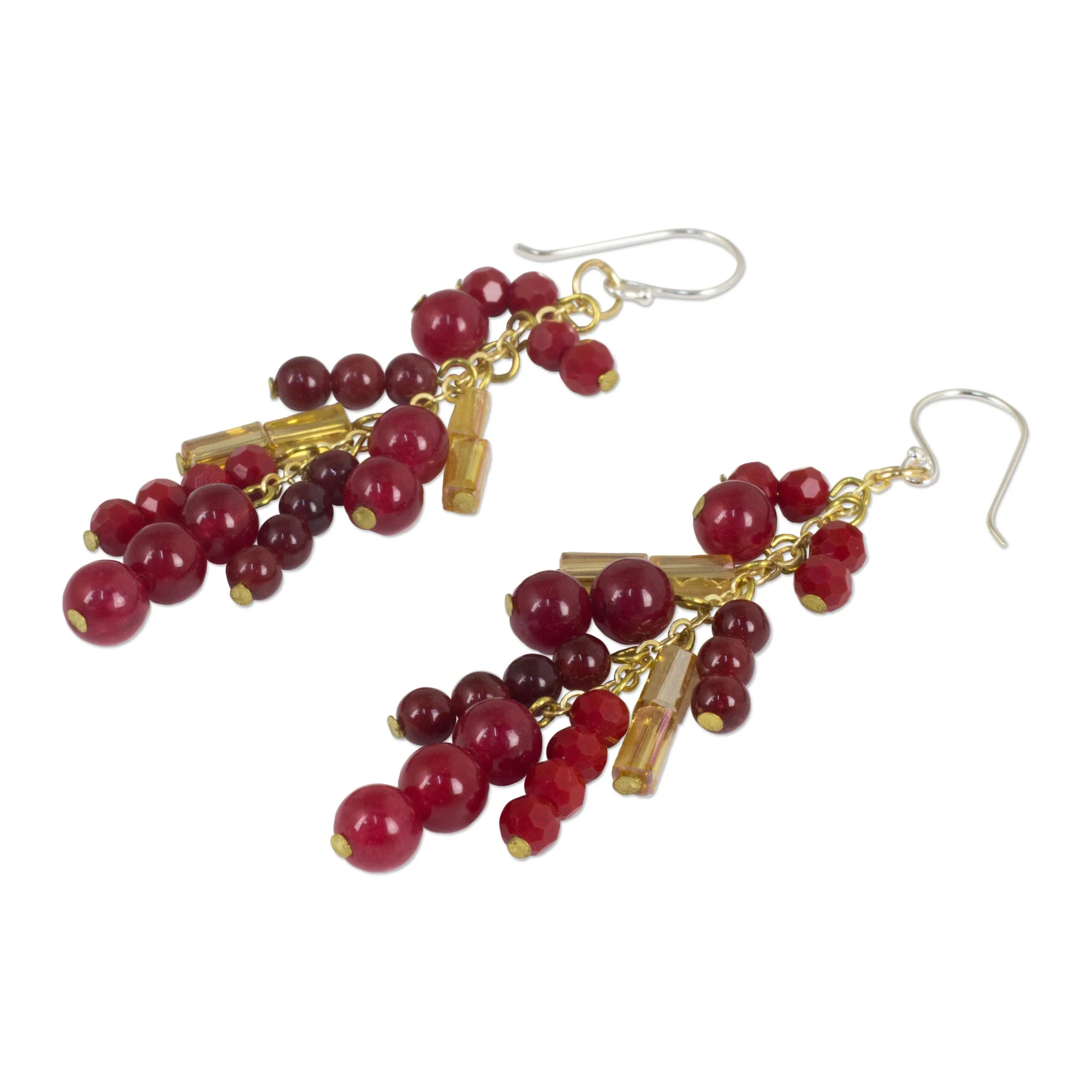 Brilliant Cascade Beaded Red Quartz Earrings on 24k Gold Plated Chains - Image 3