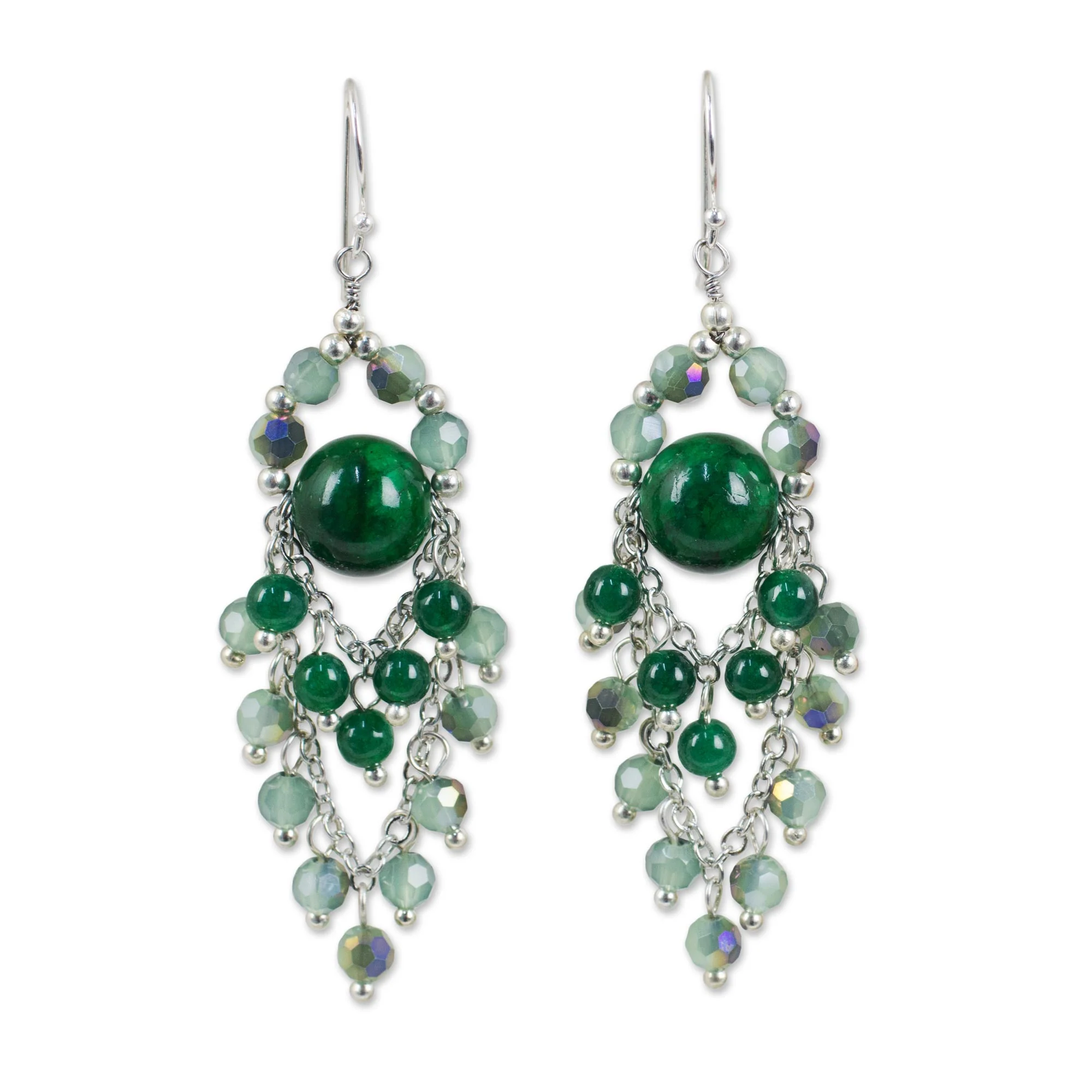 Brilliant Meteor Green Quartz and Glass Bead Chandelier Style Earrings - Image 2