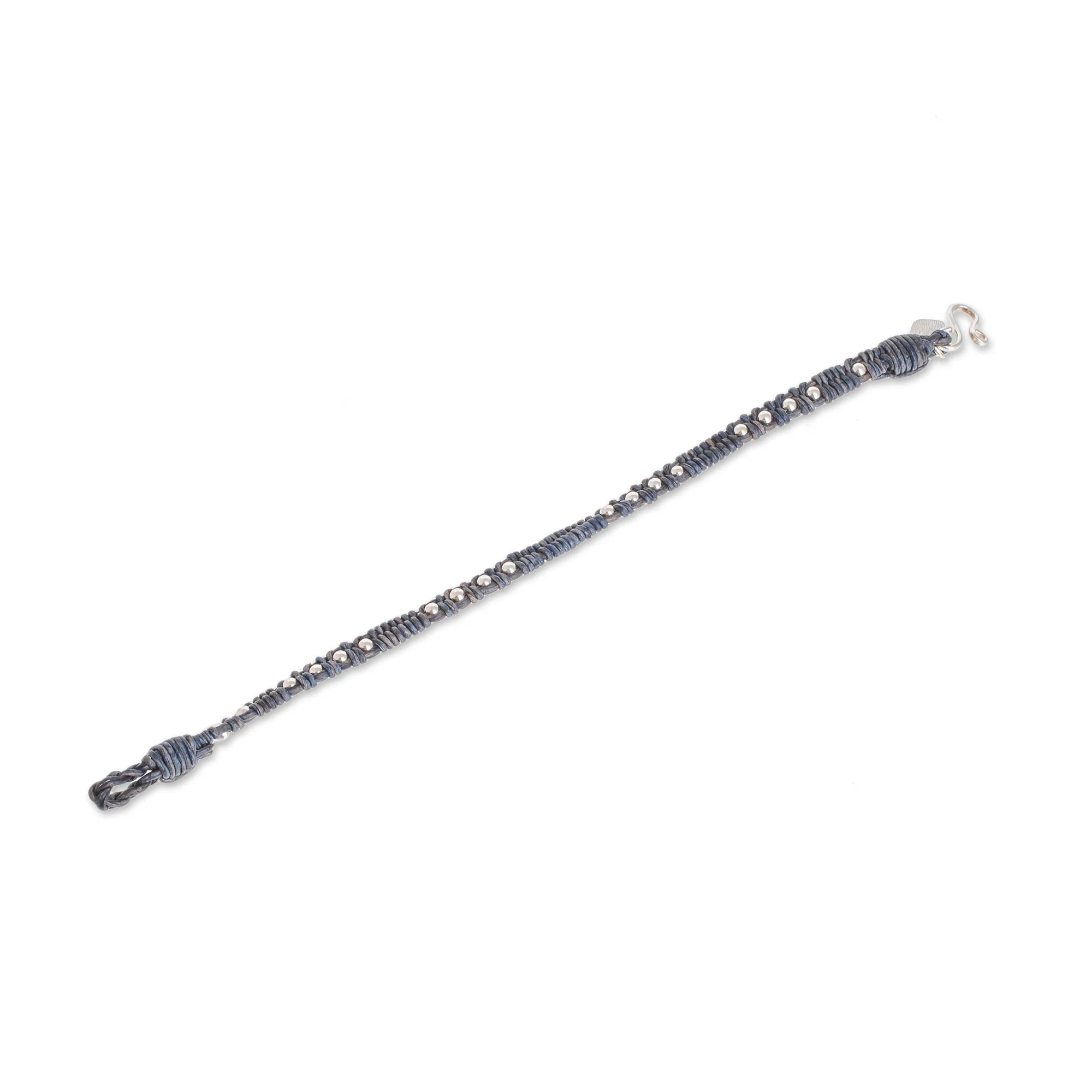 Brilliant Orbs Silver and Leather Beaded Wristband Bracelet in Blue - Image 5