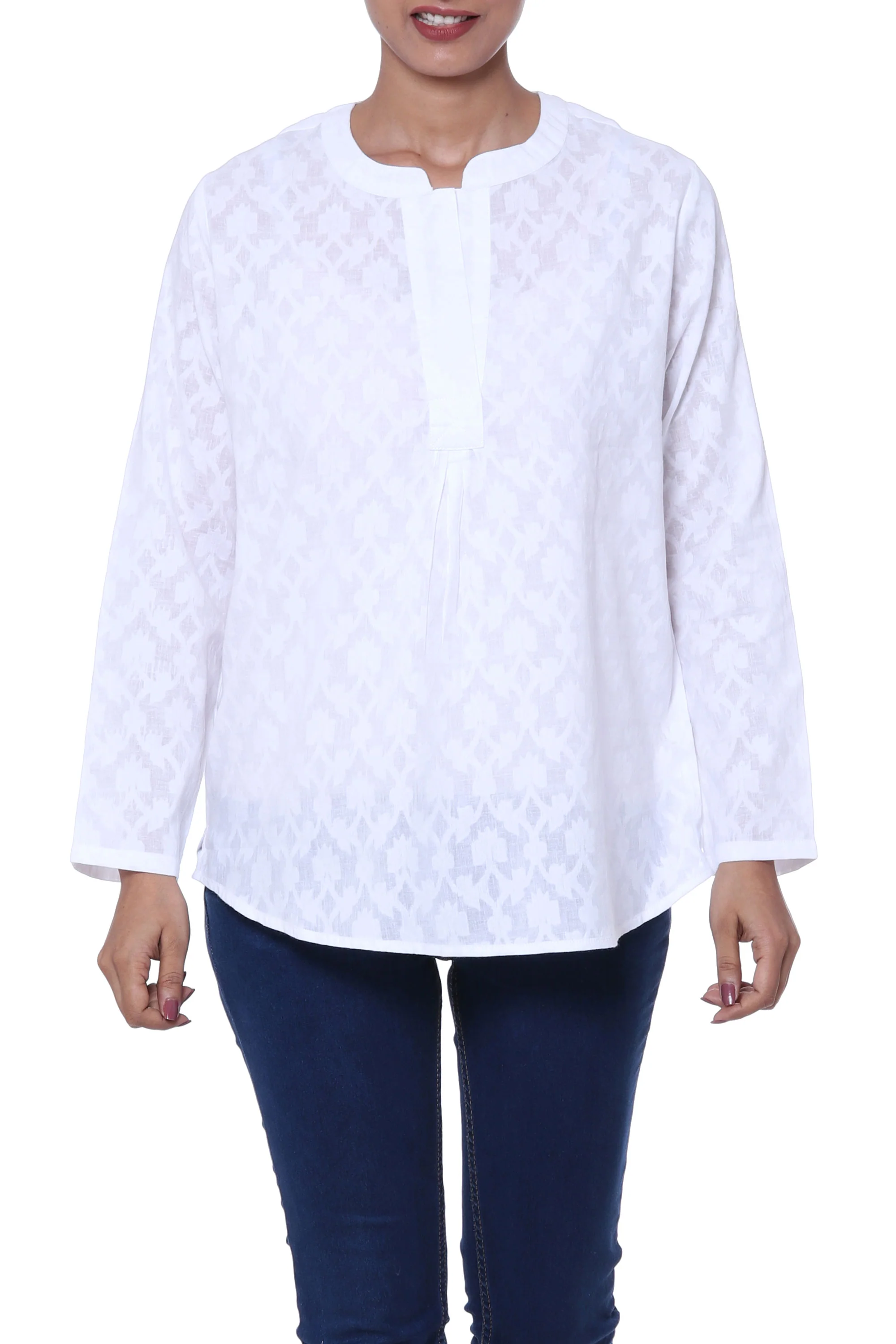 Brocade Shadow 100% Cotton Long-Sleeved White Tunic - Image 2