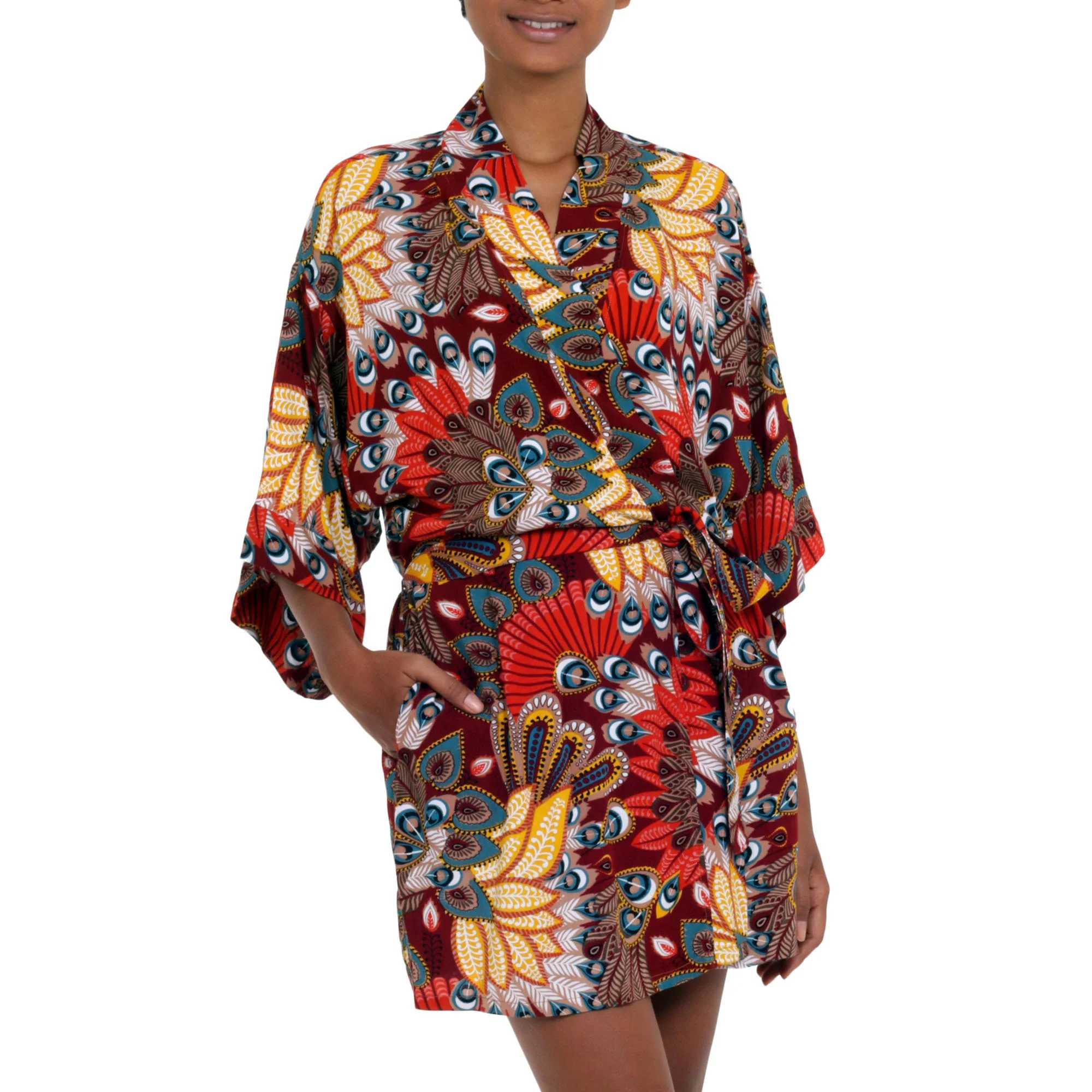 Brush Fire Red Peacock Rayon Robe - Image 2