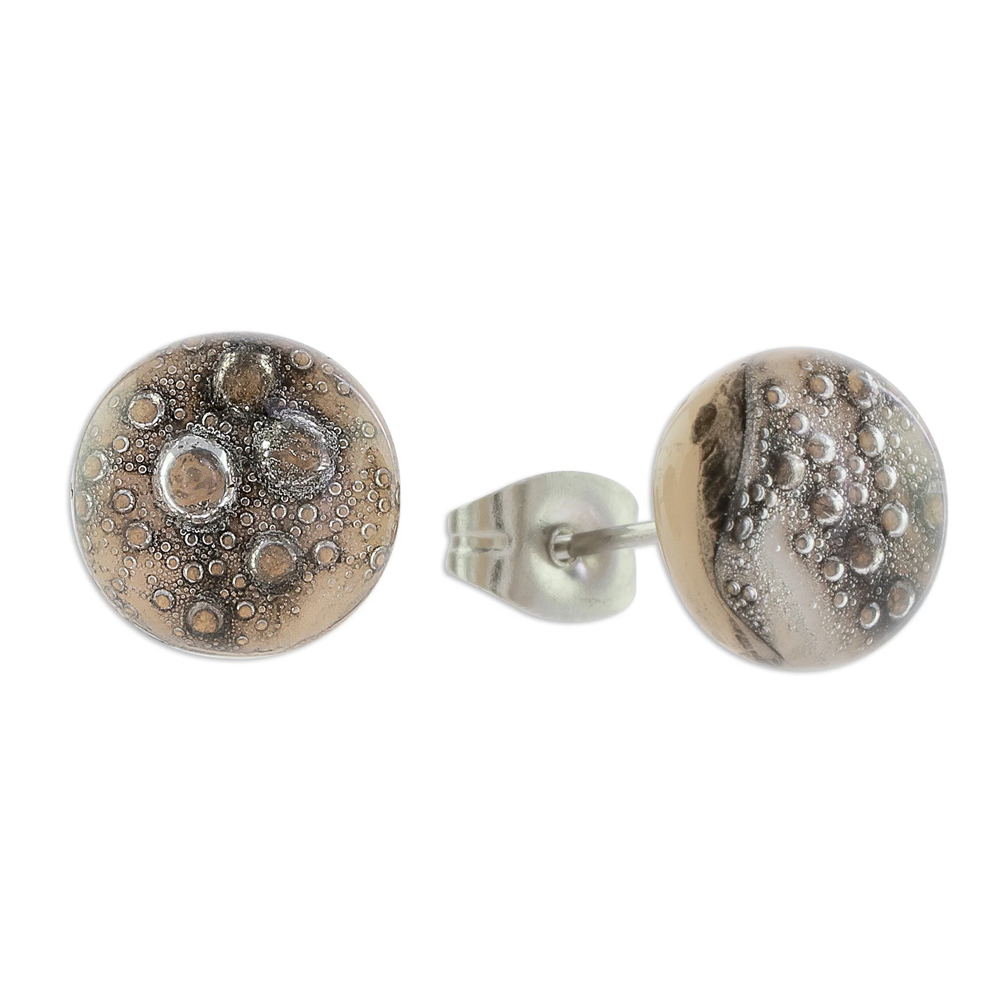 Bubble Texture in Grey Art Glass Stud Earrings in Grey from Costa Rica - Image 4