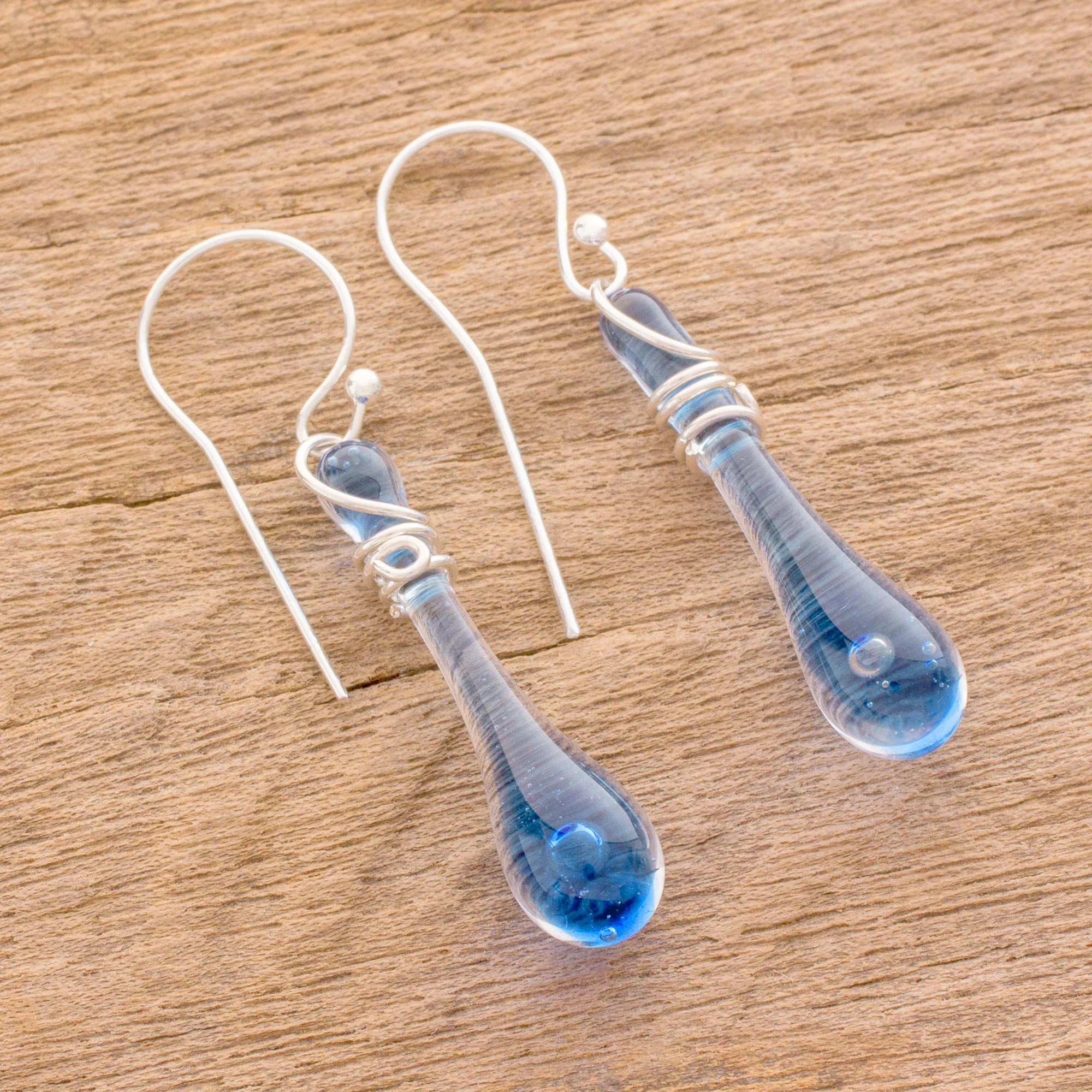 Bubbling Spring Glass Dangle Earrings in Blue from Costa Rica (1.8 inch) - Image 3