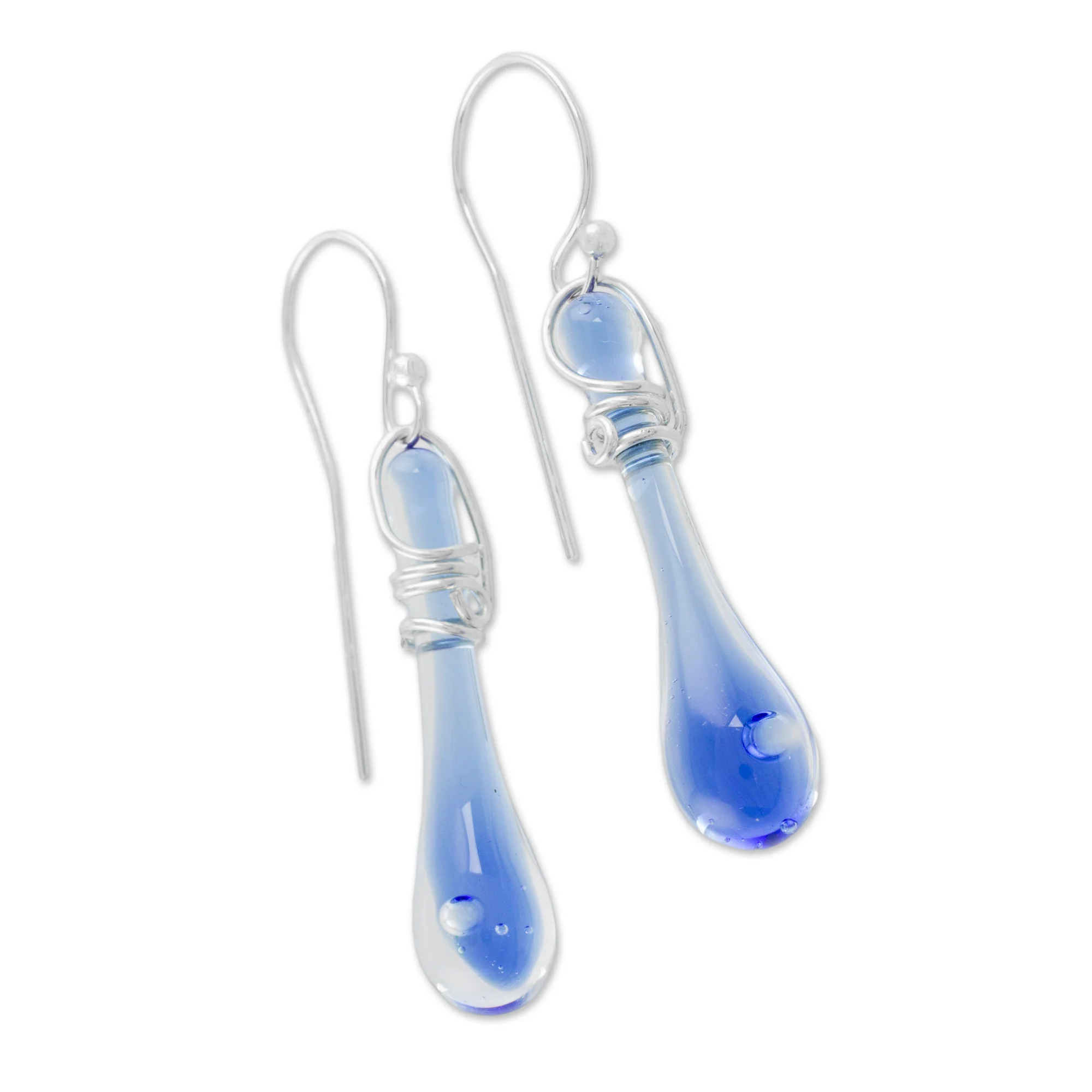Bubbling Spring Glass Dangle Earrings in Blue from Costa Rica (1.8 inch) - Image 4