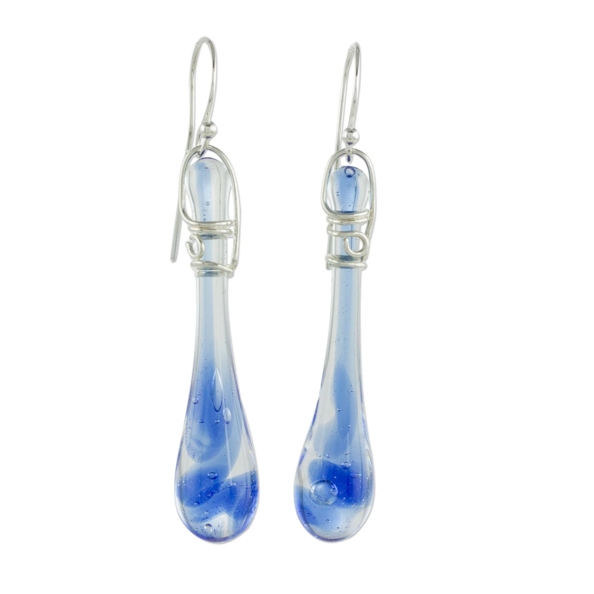Bubbling Spring Glass Dangle Earrings in Blue from Costa Rica (2 inch) - Image 2