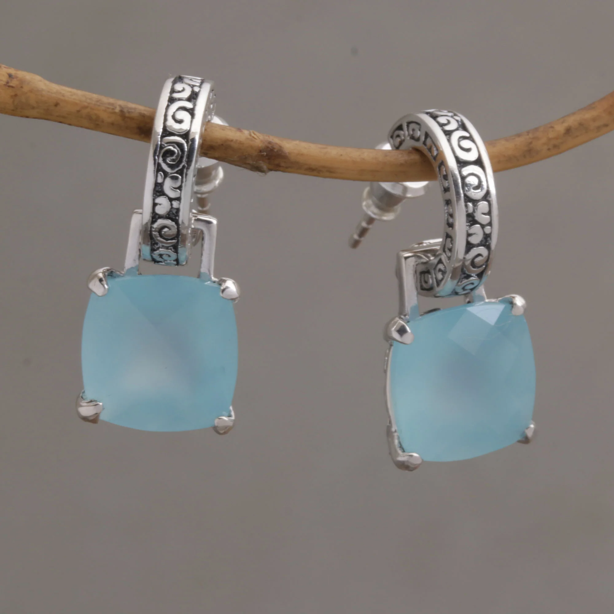 Buddha Hoops Blue Chalcedony and 925 Silver Dangle Earrings from Bali - Image 3