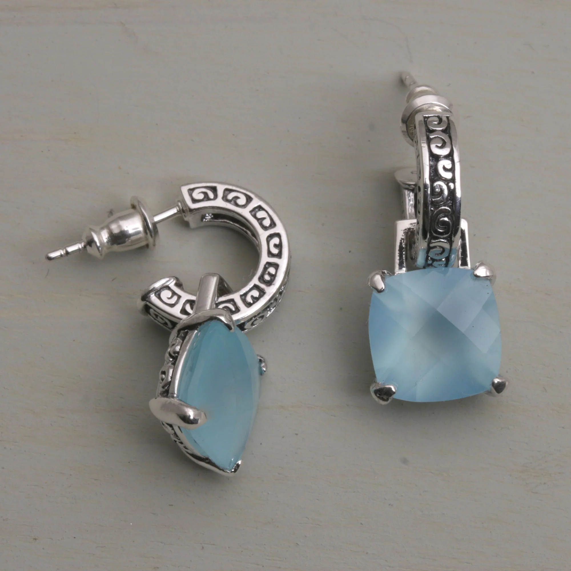 Buddha Hoops Blue Chalcedony and 925 Silver Dangle Earrings from Bali - Image 4