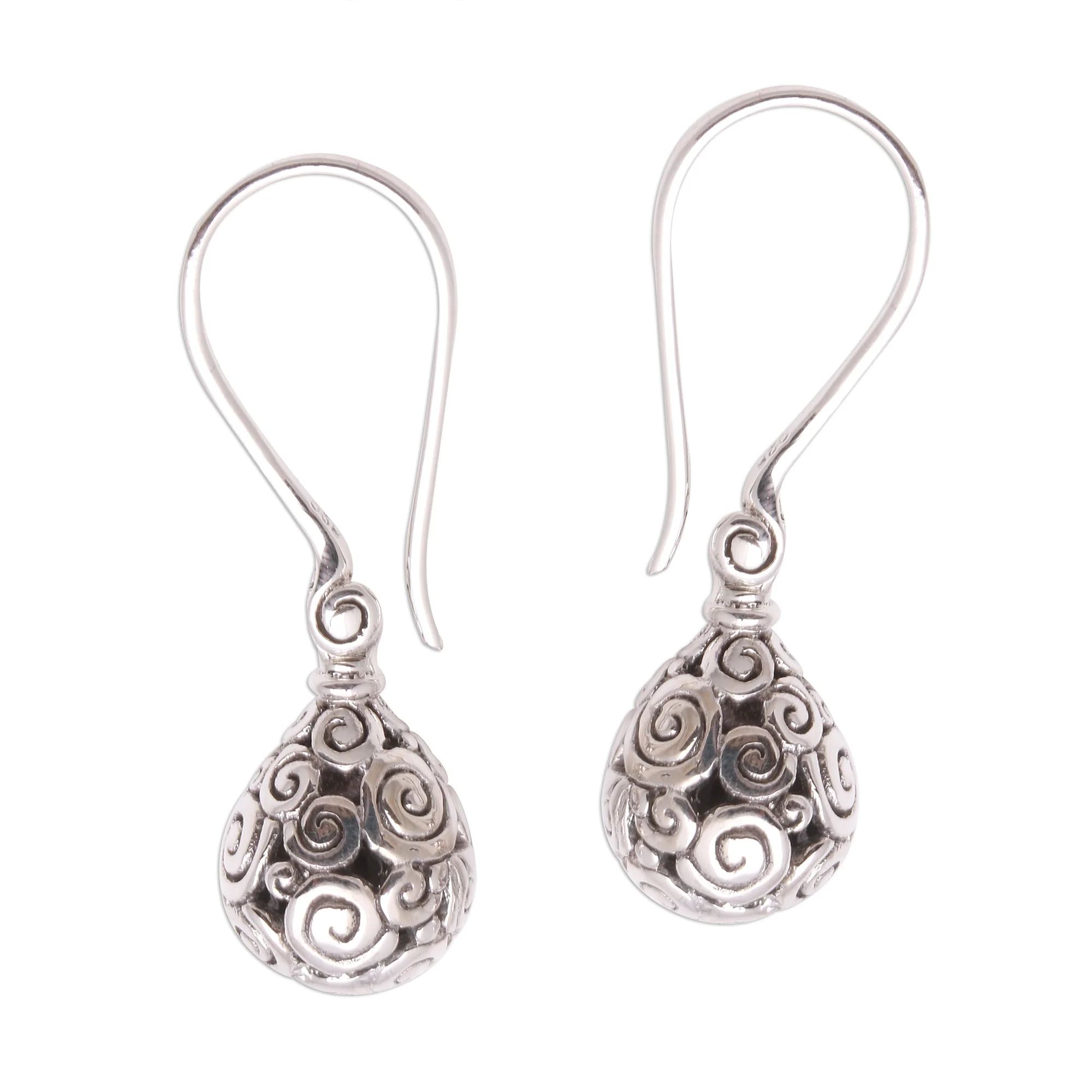 Buddha's Dew Curl Pattern Drop-Shaped Sterling Silver Earrings from Bali - Image 2