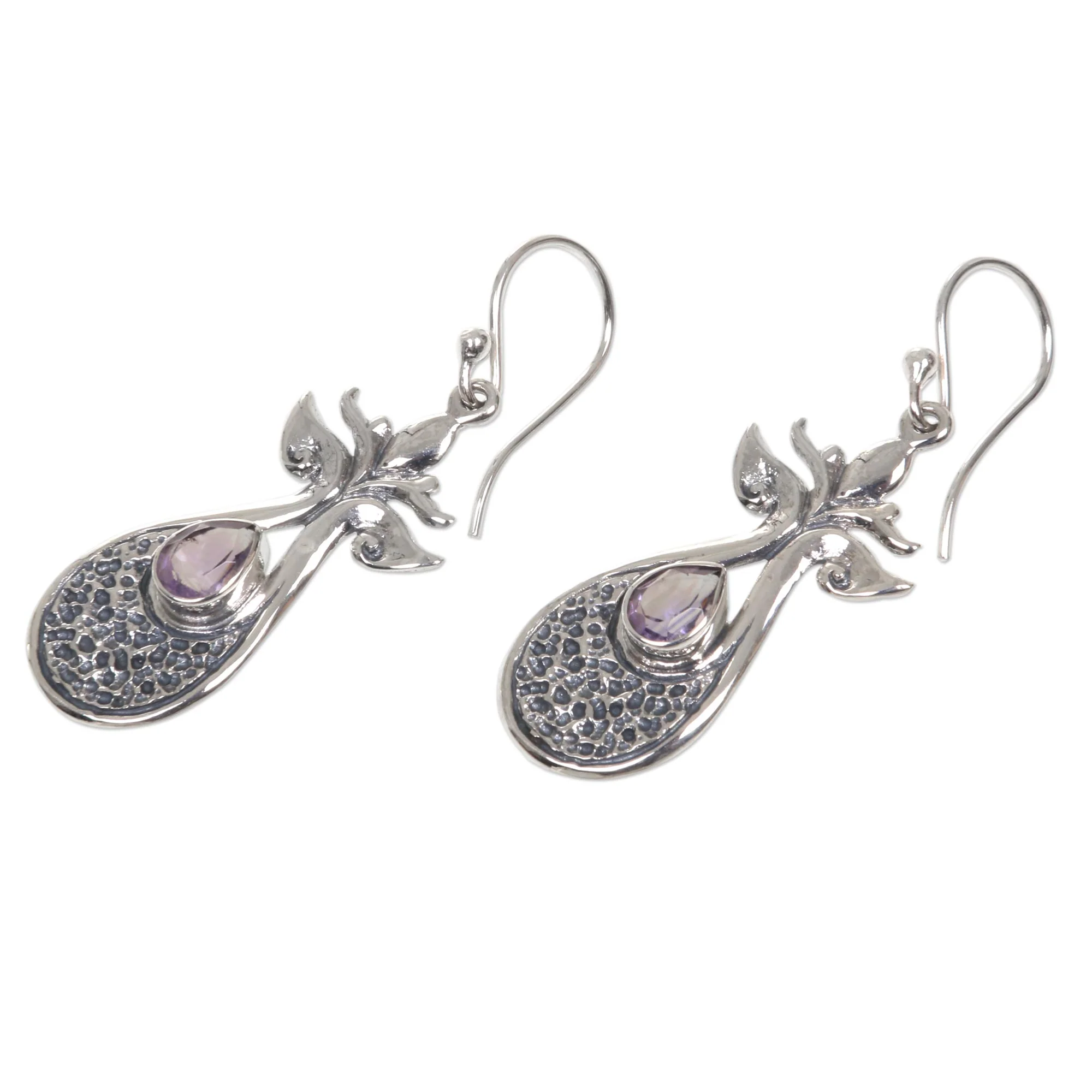 Budding Flower Handmade Amethyst and Sterling Silver Dangle Earrings - Image 3