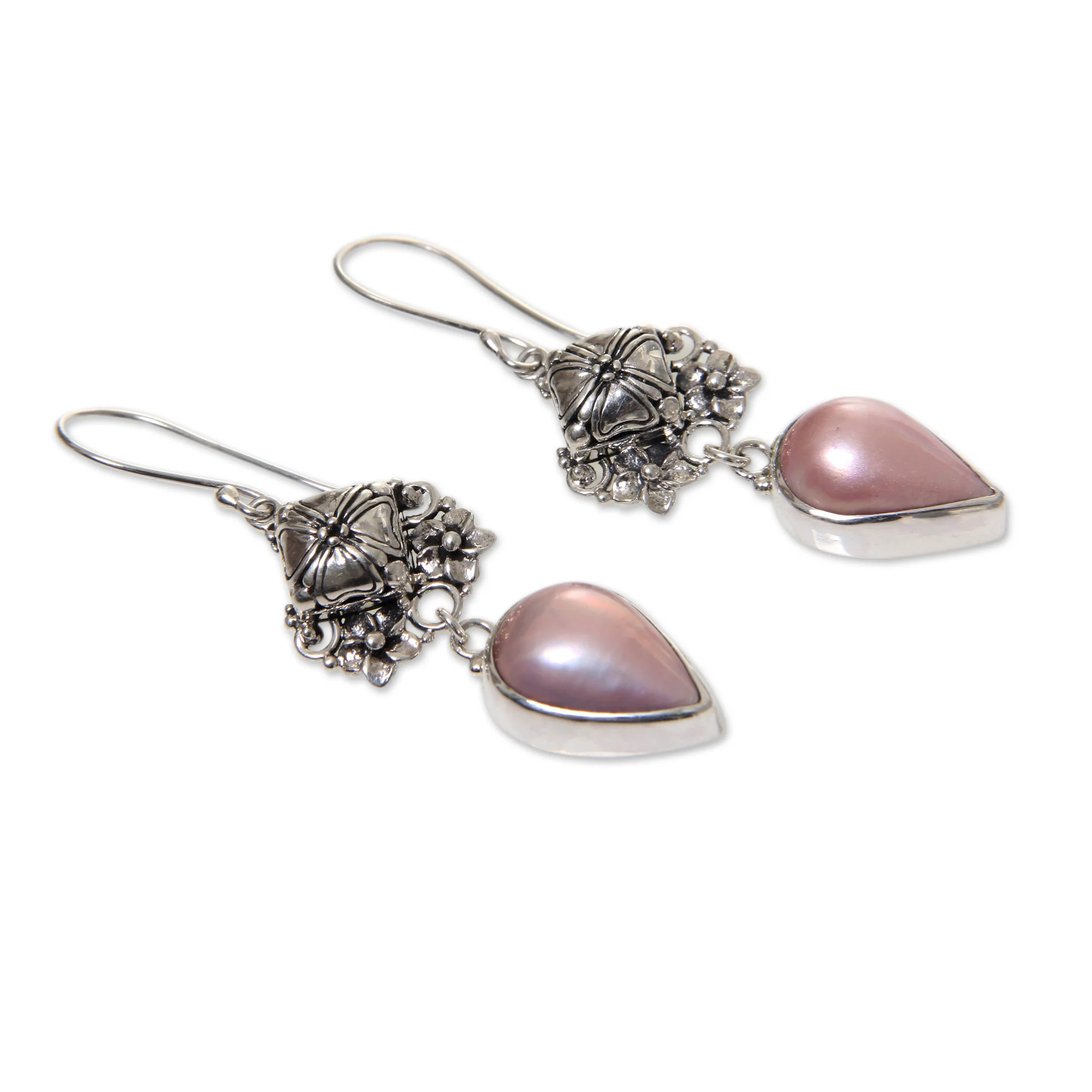 Budding Frangipani Handmade Pink Mabe Pearl and Silver Earrings from Bali - Image 3