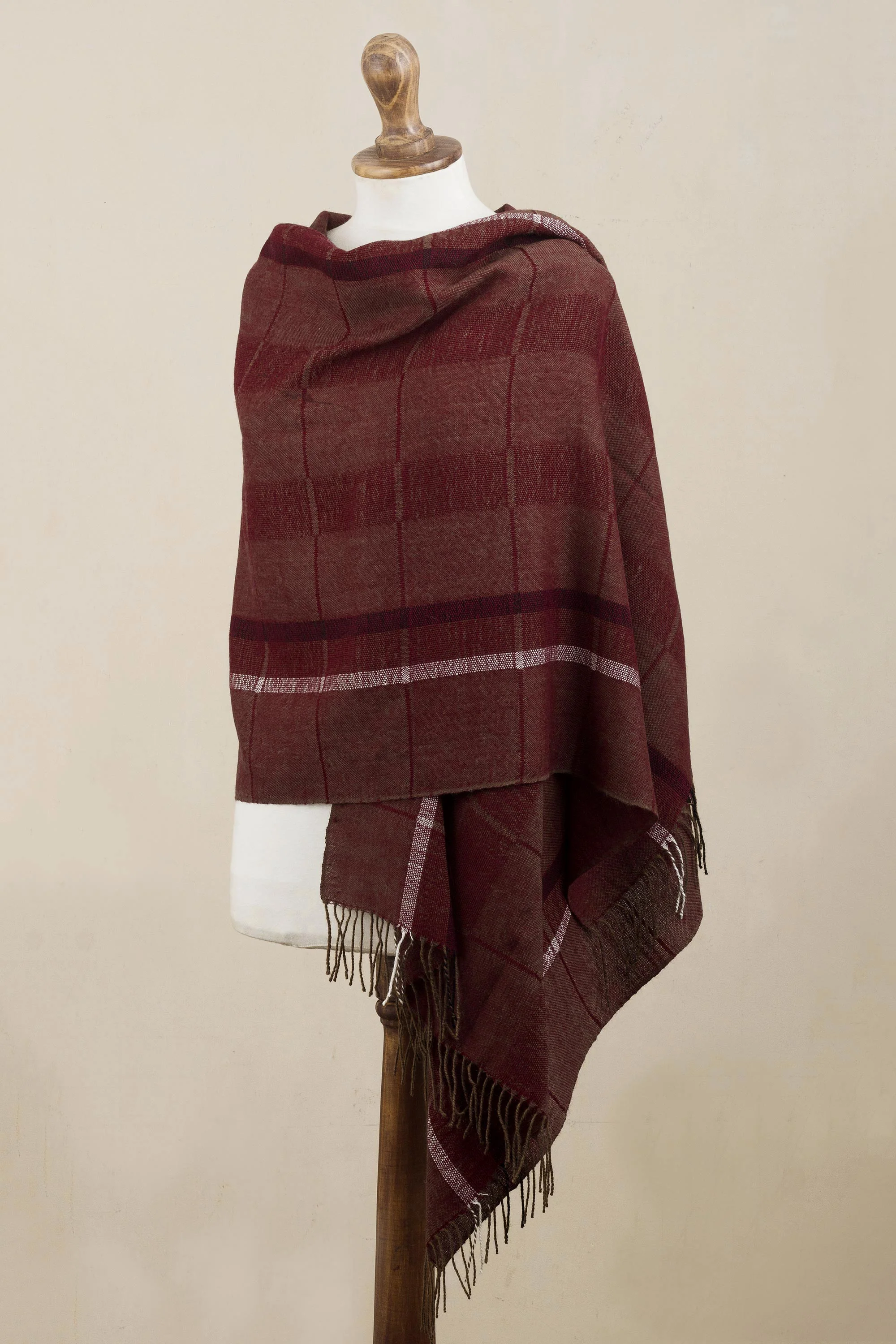 Burgundy Windowpanes Handwoven Patterned Burgundy and Brown Baby Alpaca Shawl - Image 4