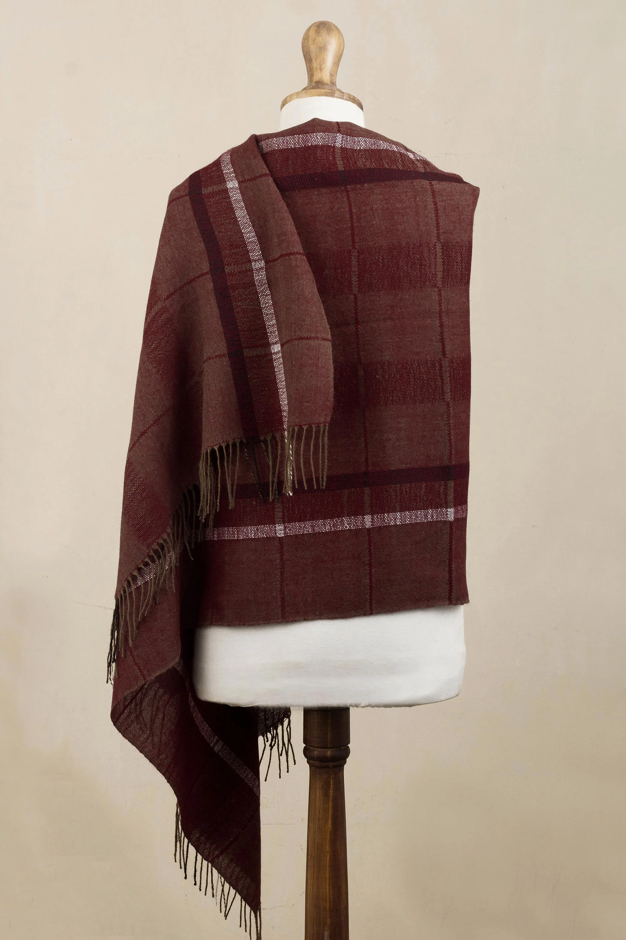 Burgundy Windowpanes Handwoven Patterned Burgundy and Brown Baby Alpaca Shawl - Image 5