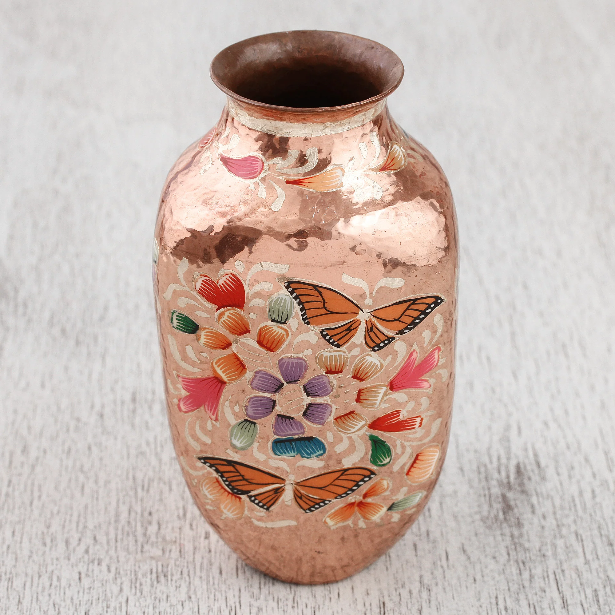 Butterfly Dance Handcrafted Copper and Gold Leaf Vase from Mexico - Image 3