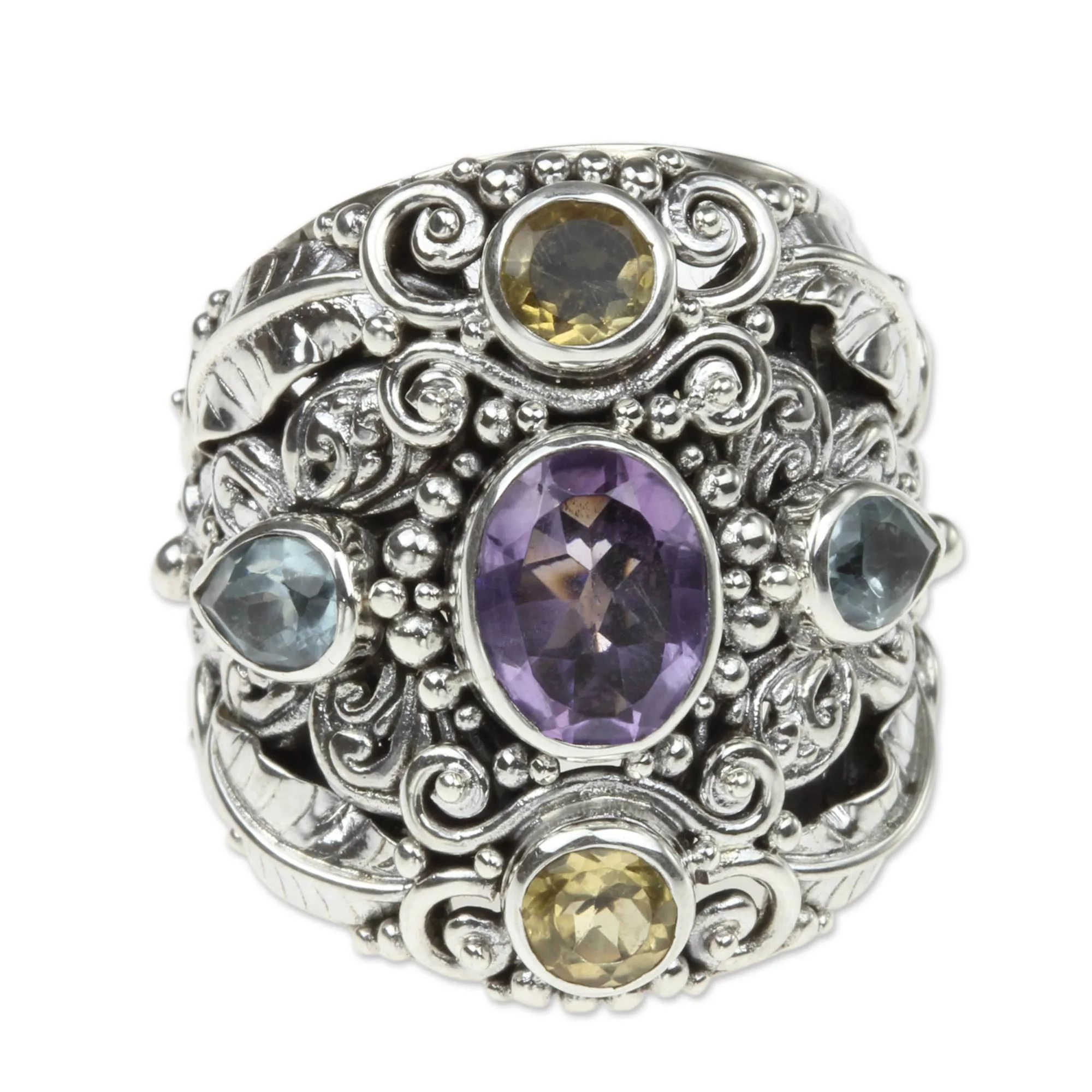 Butterfly Queen Balinese Amethyst and Blue Topaz Silver Cocktail Ring - Image 2