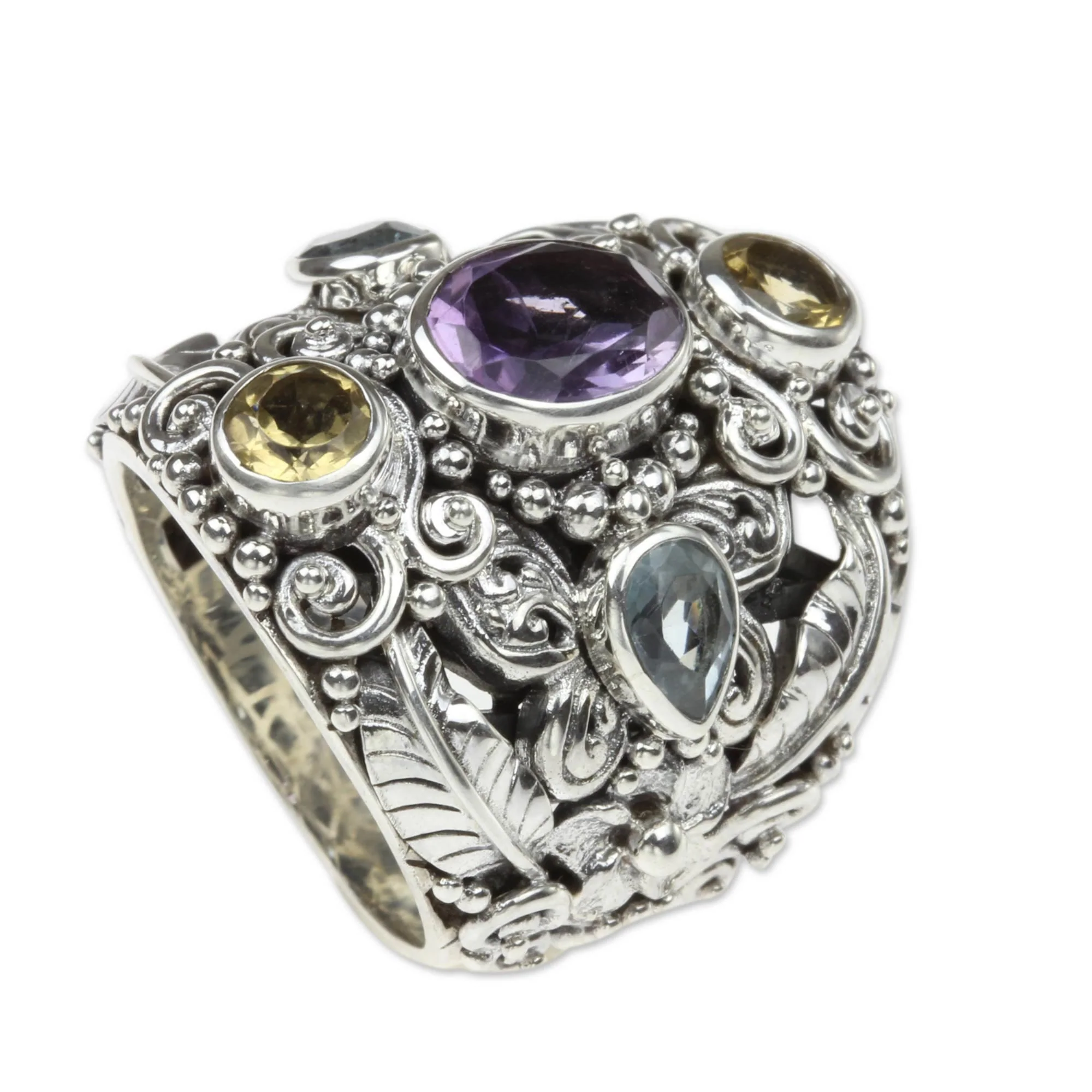 Butterfly Queen Balinese Amethyst and Blue Topaz Silver Cocktail Ring - Image 4