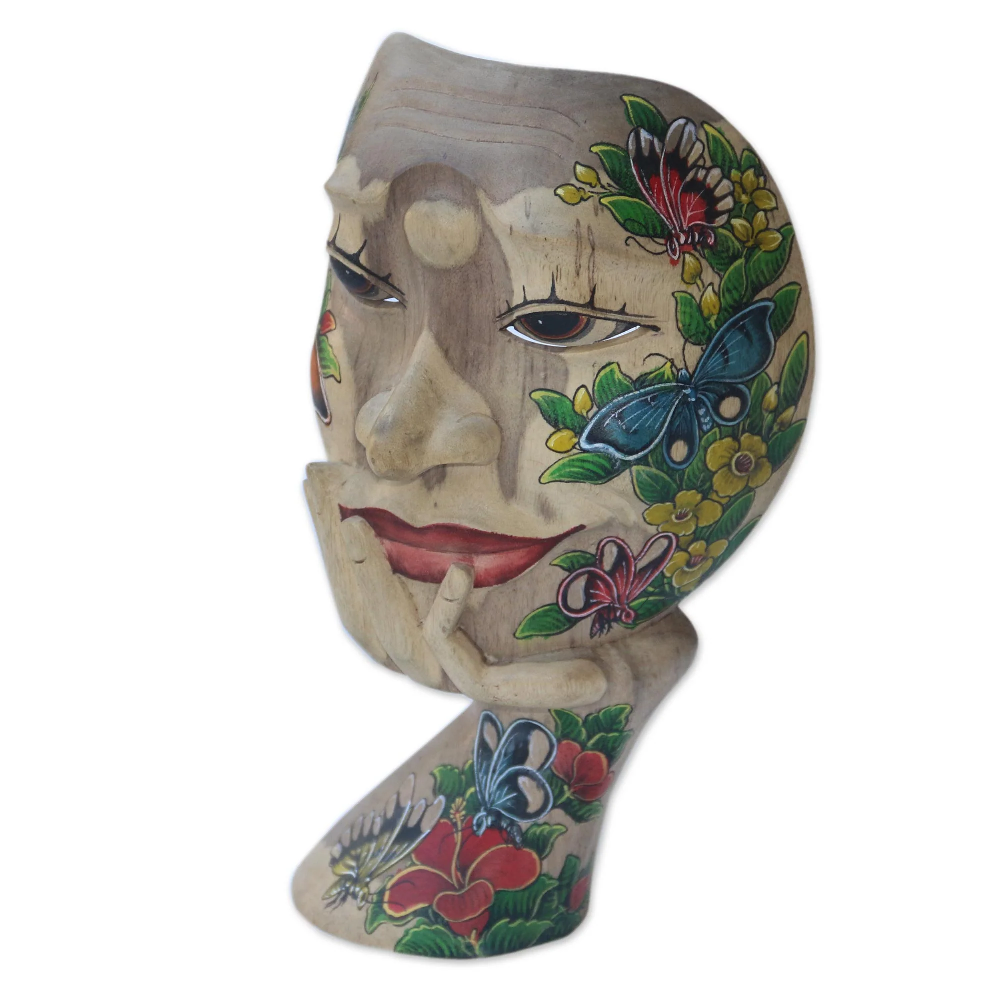 Butterfly Smile Hand Carved Hibiscus Wood Floral and Butterfly Mask - Image 4