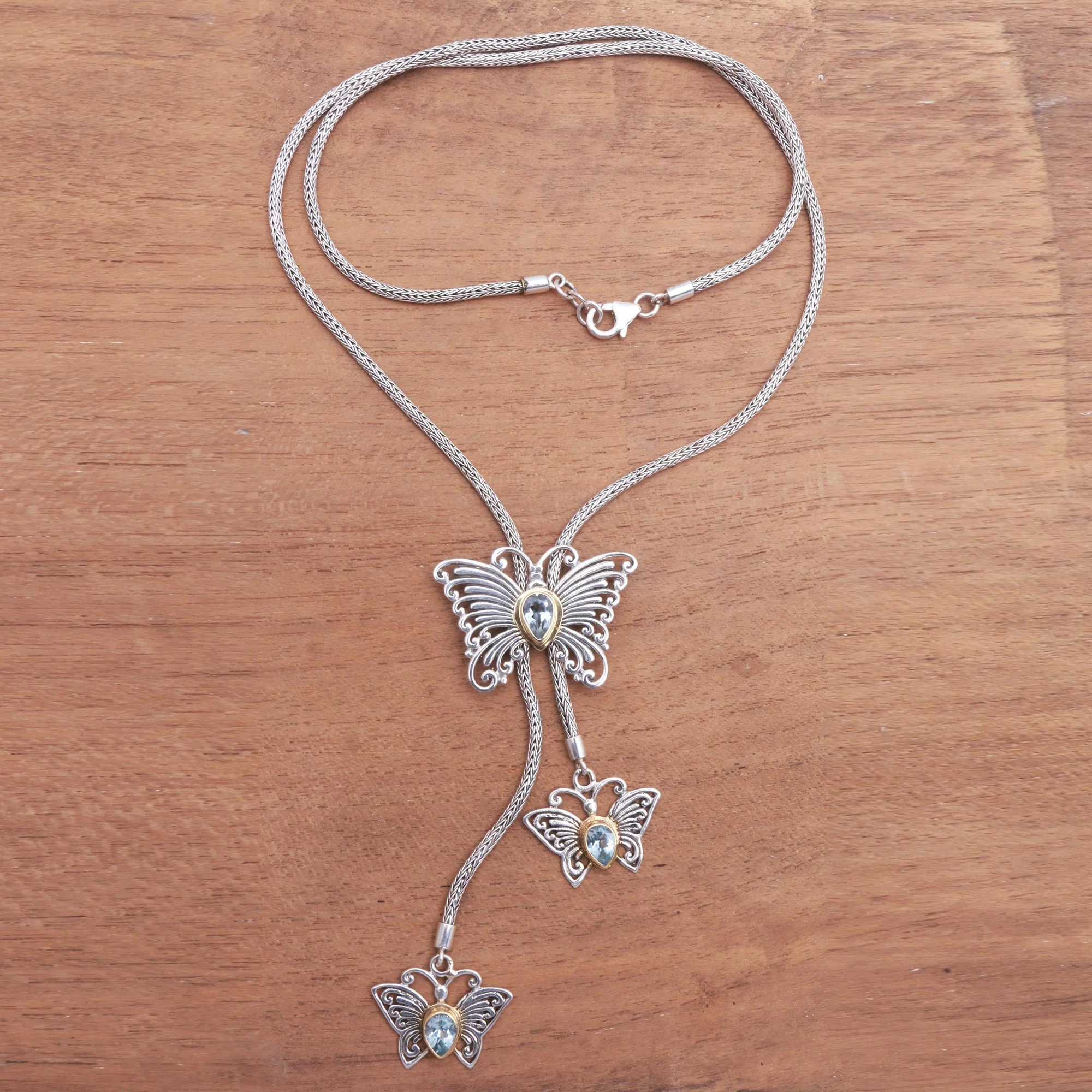 Butterfly Trio Gold Accented Blue Topaz Butterfly Lariat Necklace - Image 3