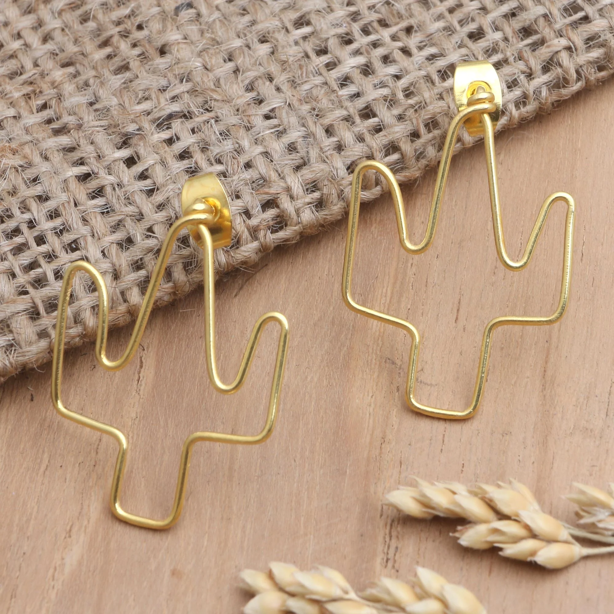 Cactus Party Gold-Plated Cactus Drop Earrings from Bali - Image 3