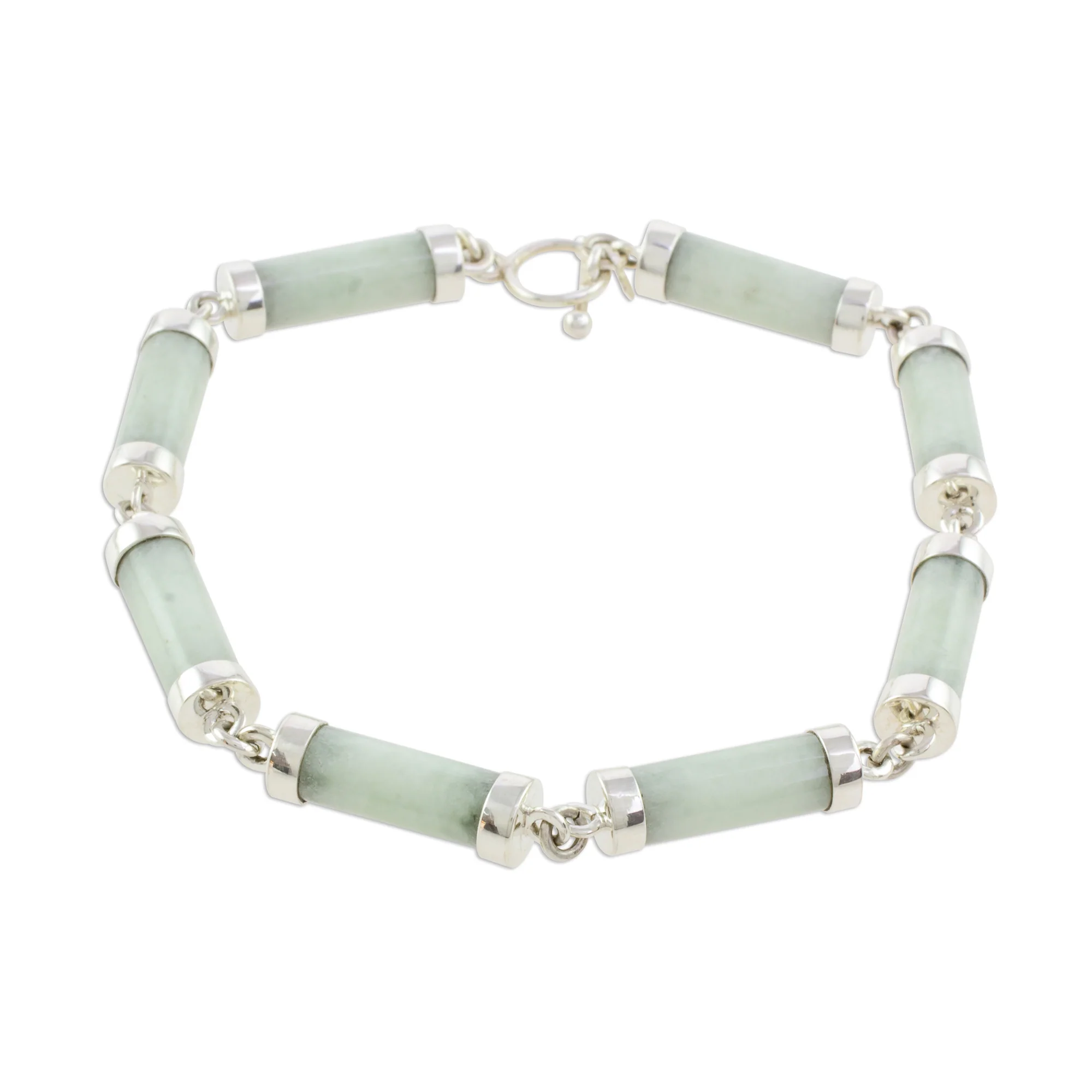 Calm Beauty Light Jade Cylinders Sterling Silver Link Wristband Bracelet - Image 3