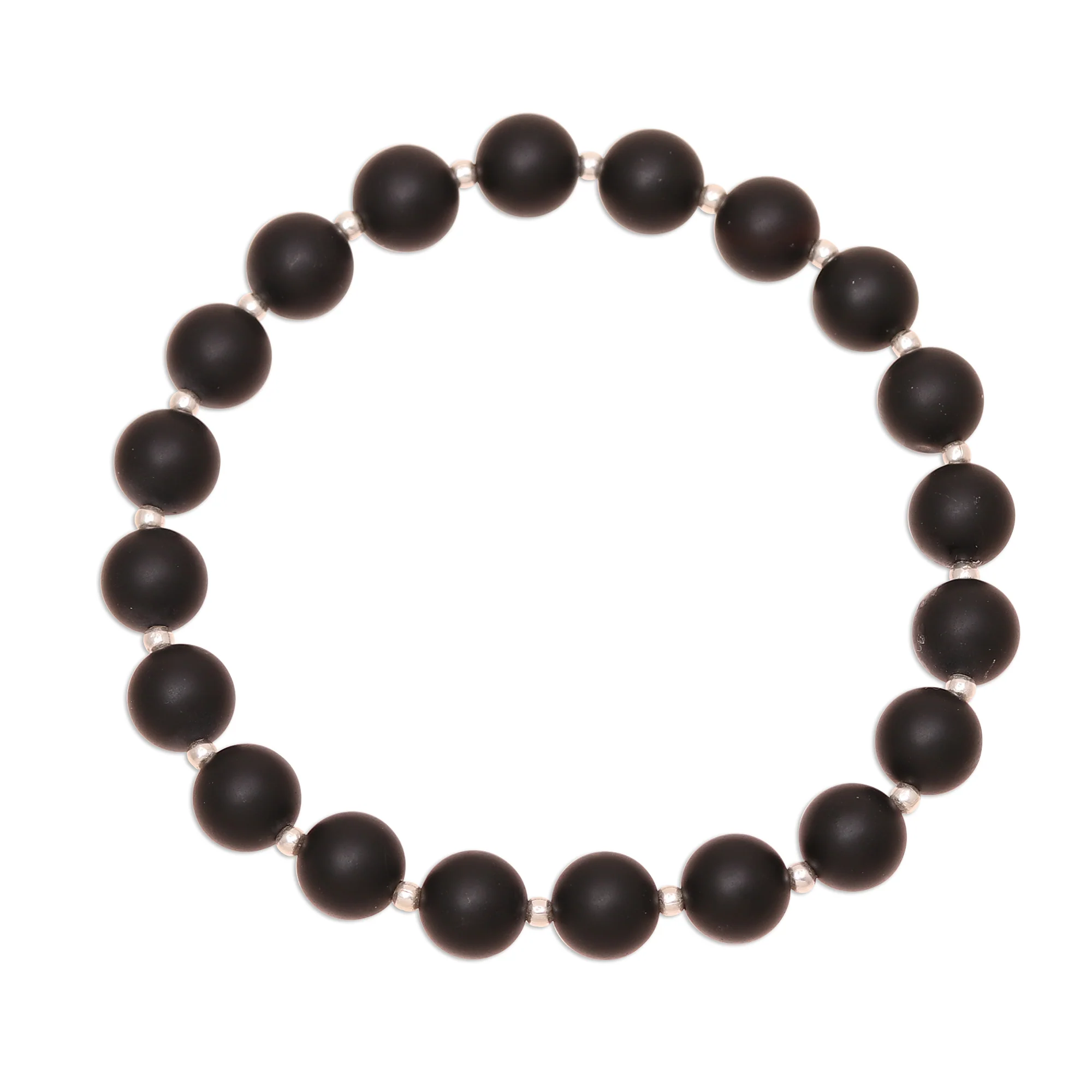 Calm Midnight Black Onyx Beaded Stretch Bracelet from India - Image 2