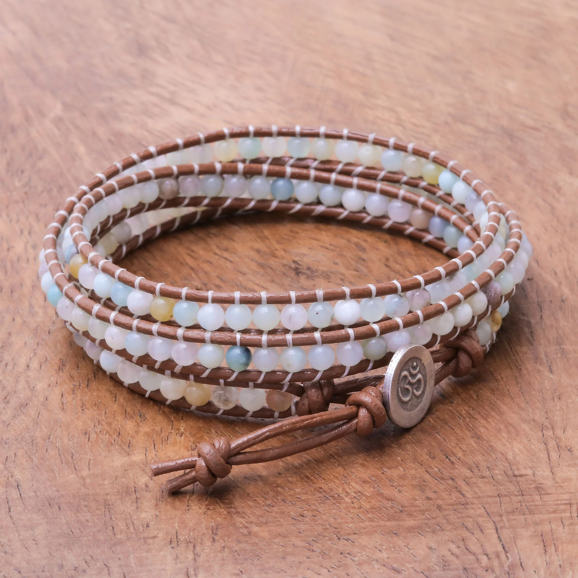 Calm Touch Om-Themed Quartz Beaded Wrap Bracelet from Thailand - Image 4