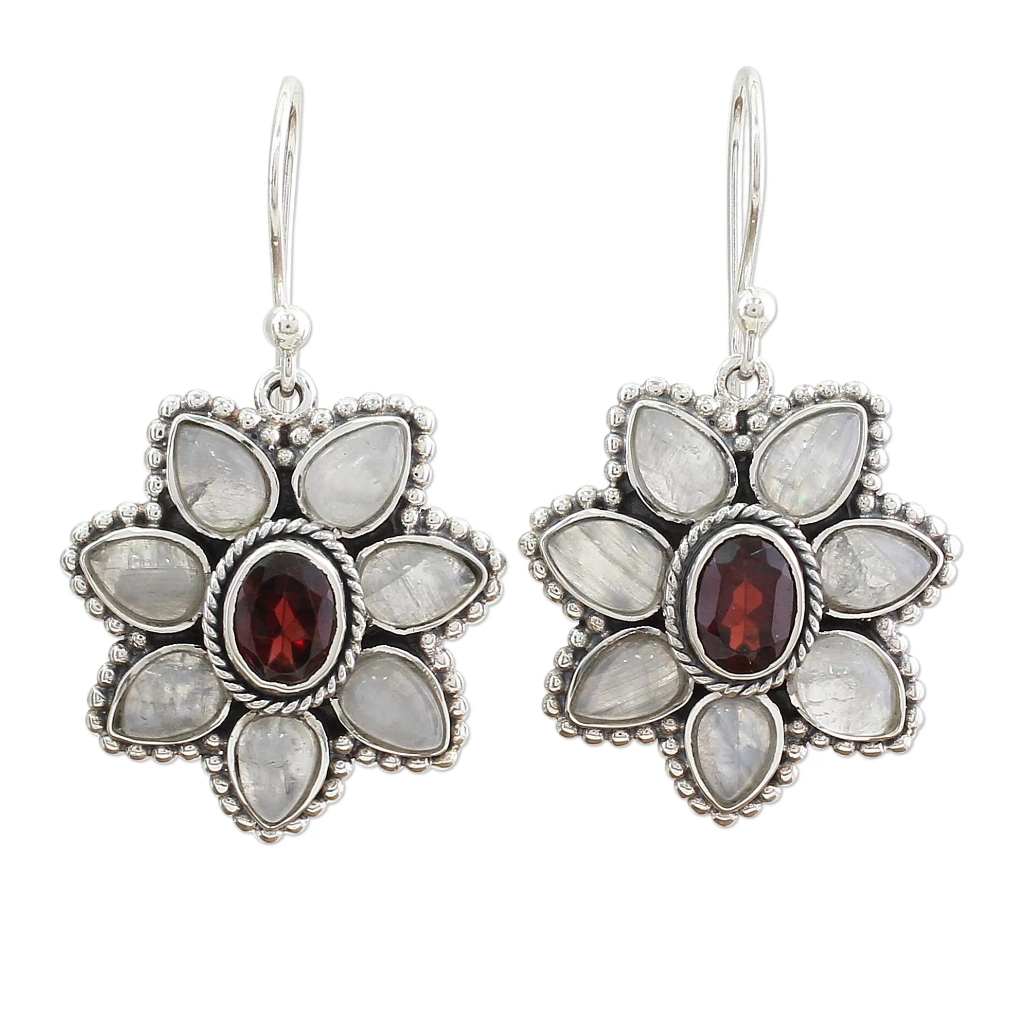 Camellia Blossoms Rainbow Moonstone Garnet Dangle Earrings from India - Image 2