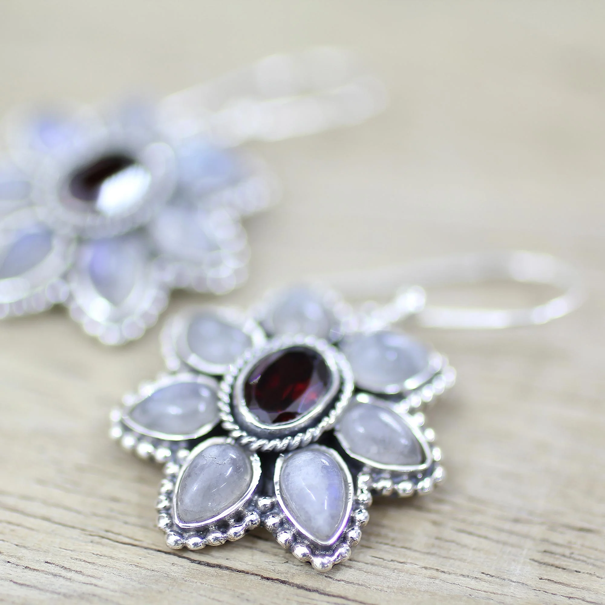 Camellia Blossoms Rainbow Moonstone Garnet Dangle Earrings from India - Image 4