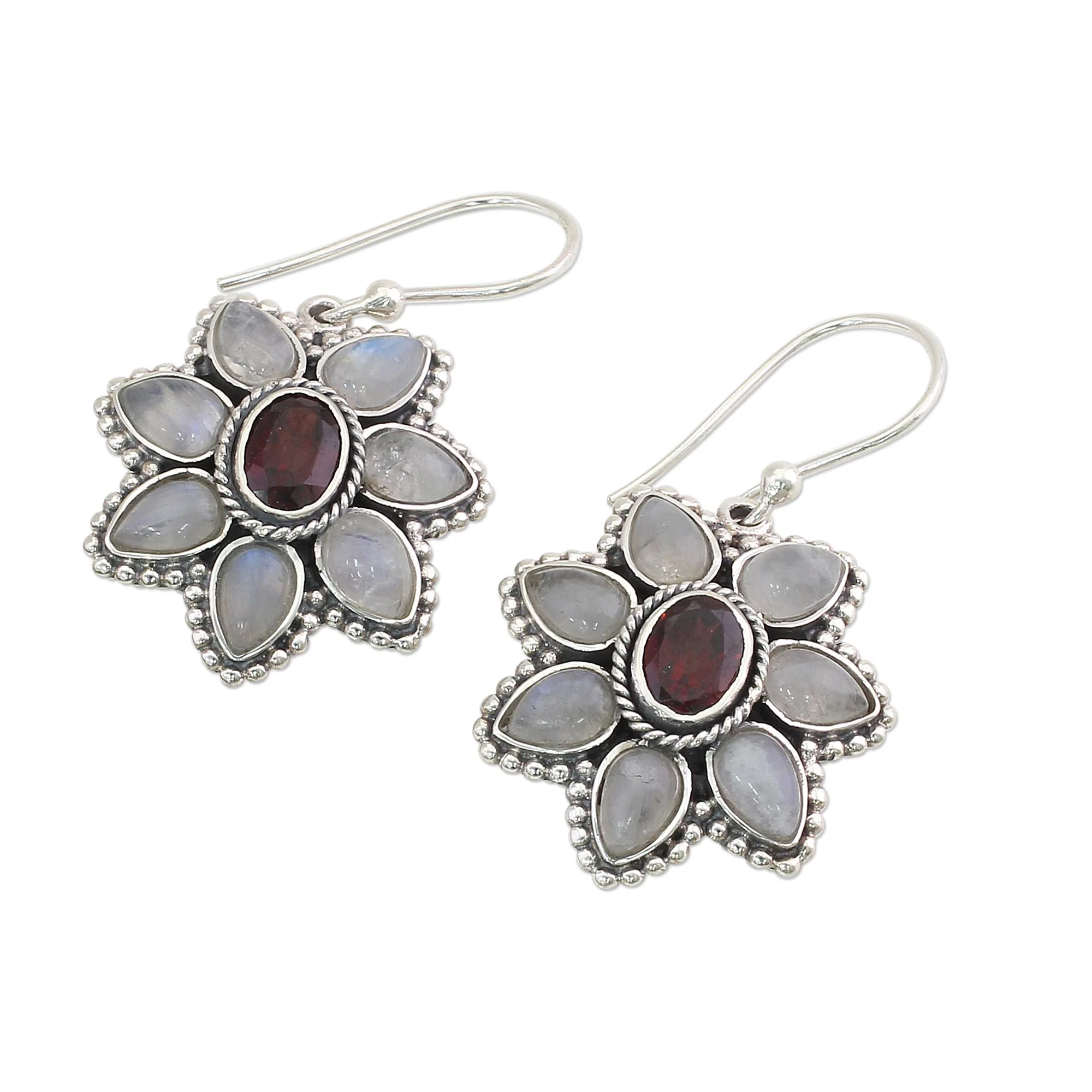 Camellia Blossoms Rainbow Moonstone Garnet Dangle Earrings from India - Image 5