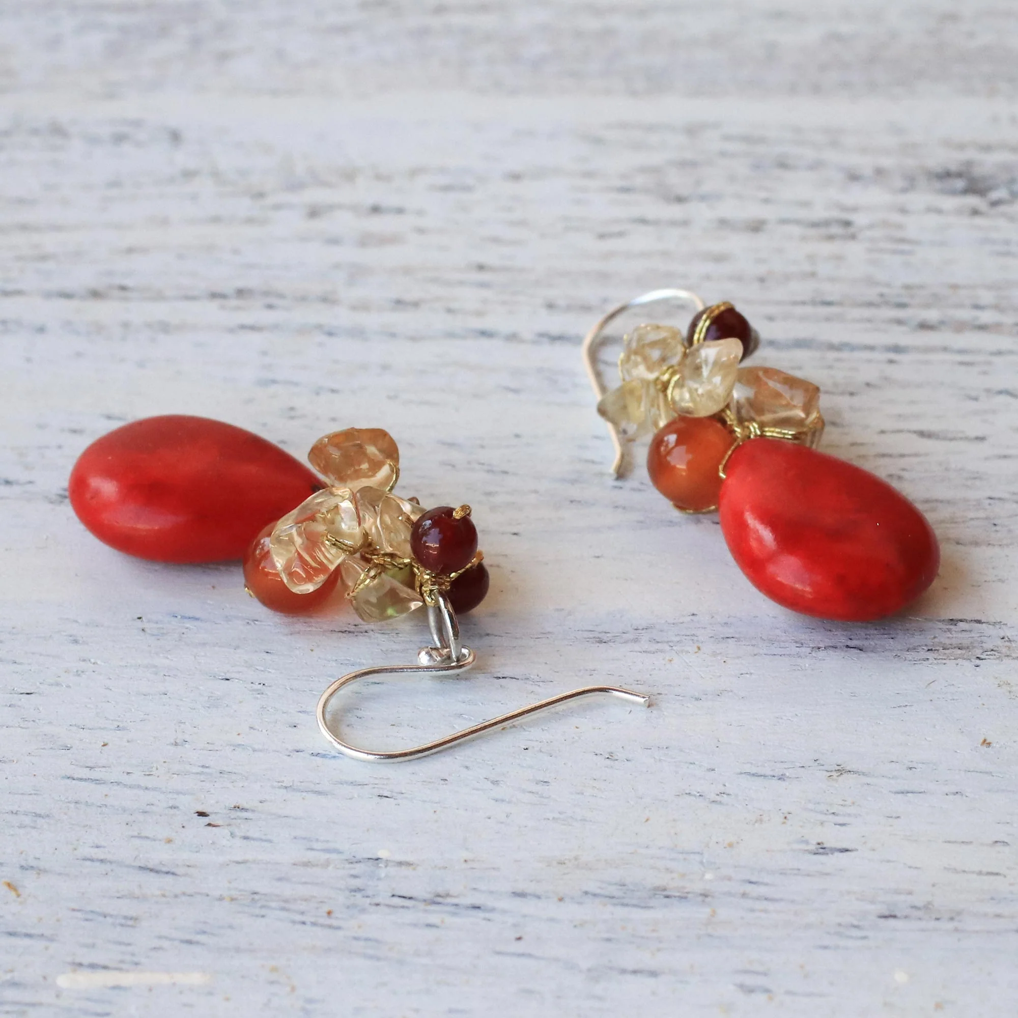 Camellia Drops Multi-Gemstone Red Calcite Dangle Earrings from Thailand - Image 4