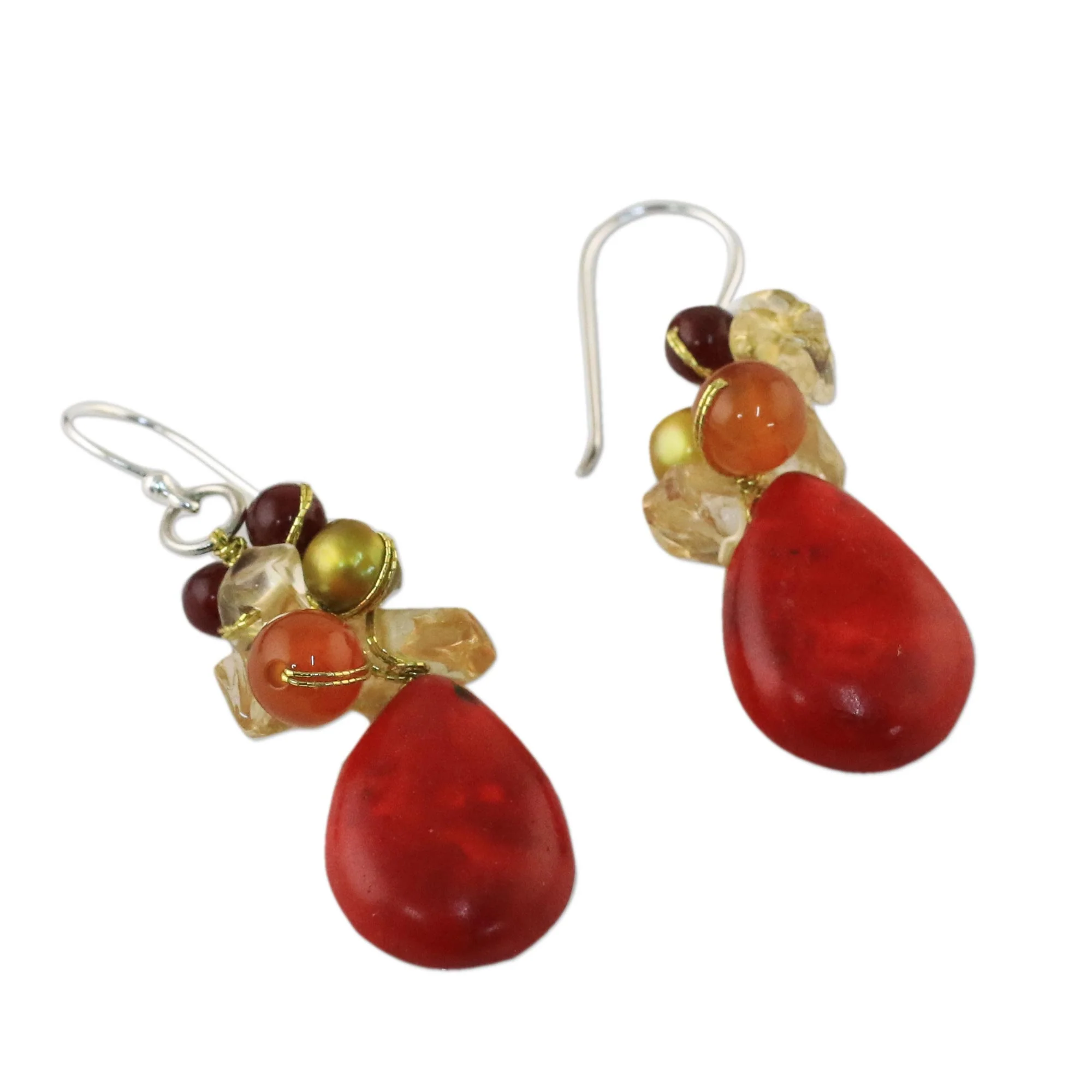 Camellia Drops Multi-Gemstone Red Calcite Dangle Earrings from Thailand - Image 5