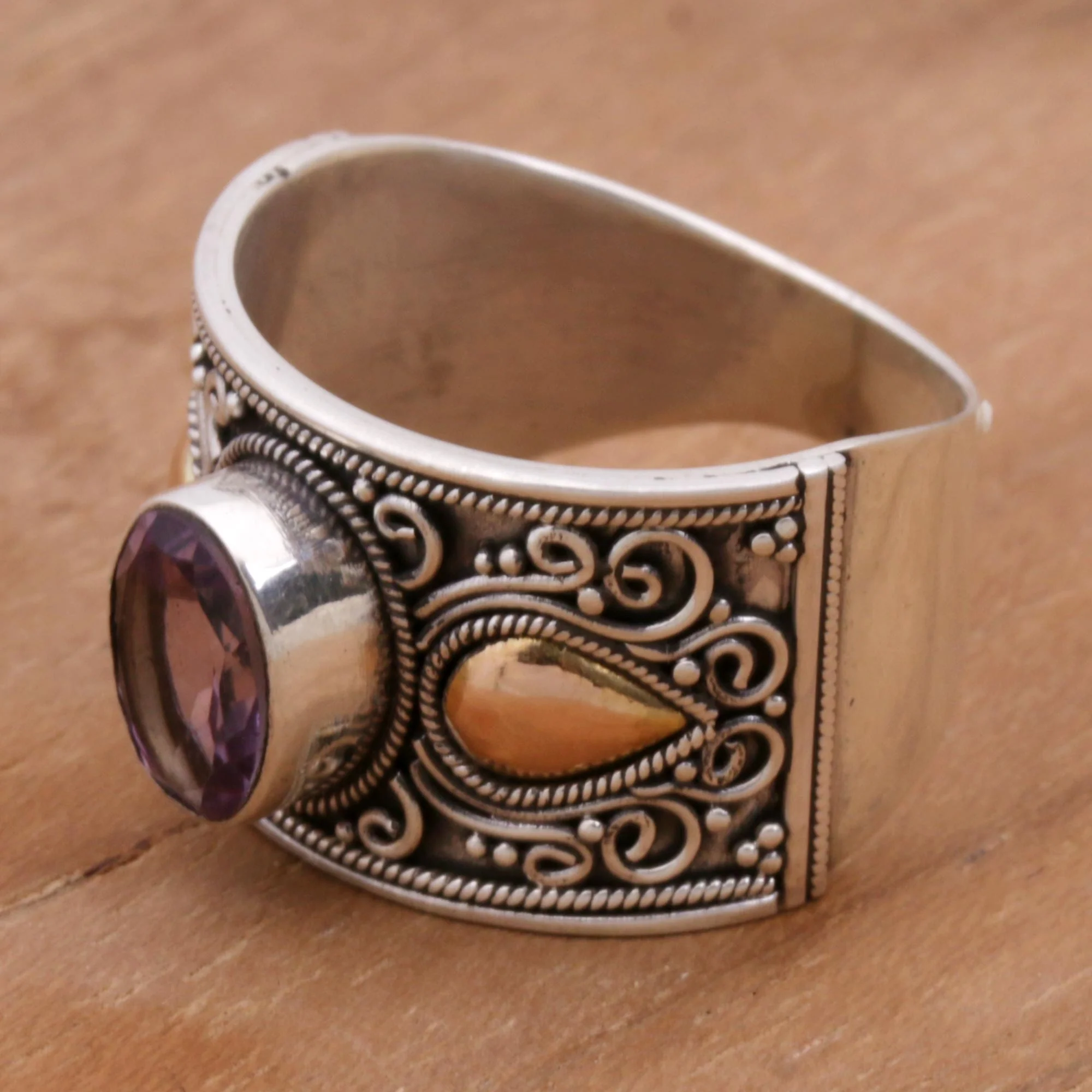 Cantik Sparkle Gold Accent Amethyst and 925 Sterling Silver Ring from Bali - Image 3